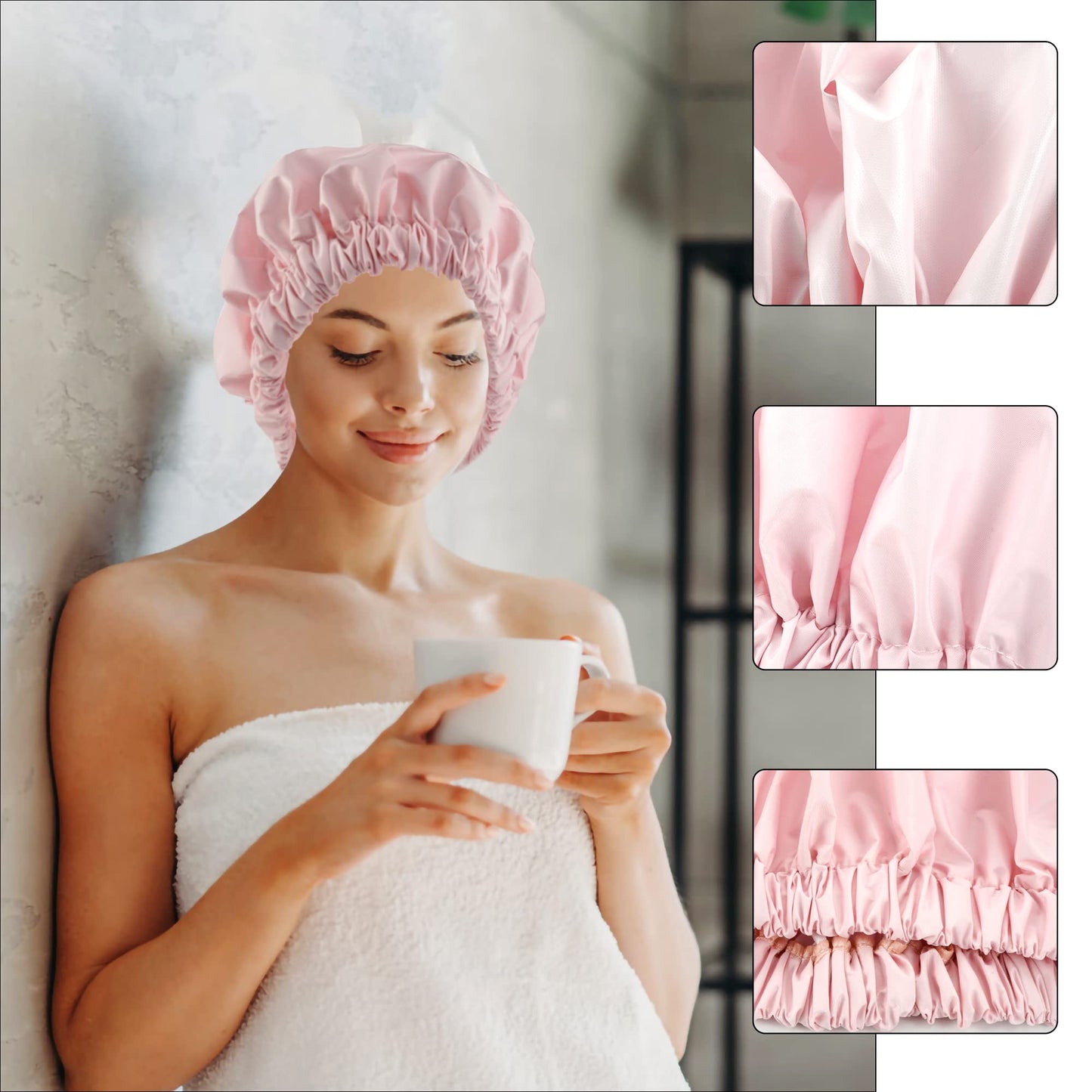 Reusable Shower Cap for Women, Large Waterproof Shower Bonnet Washable Elastic Band Bath Hair Hat for Long Hair, Braids(Pink)