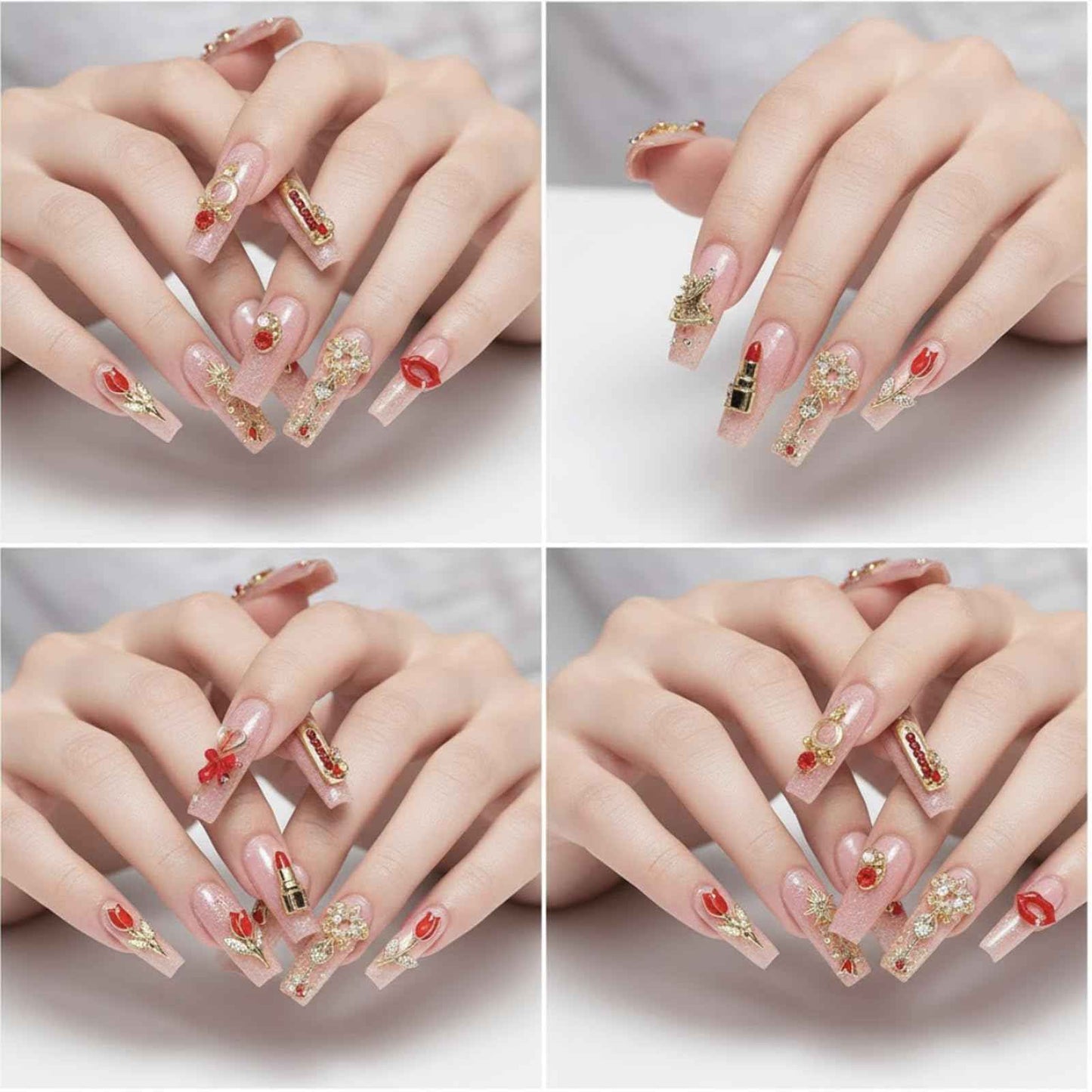 Pizadix 100 Pcs Gold Red Nail Charms Y2K with Lipsticks, Wine Bottles, Wine Cups, Lips, Tulips, Stars, High Heels, Perfume Bottle