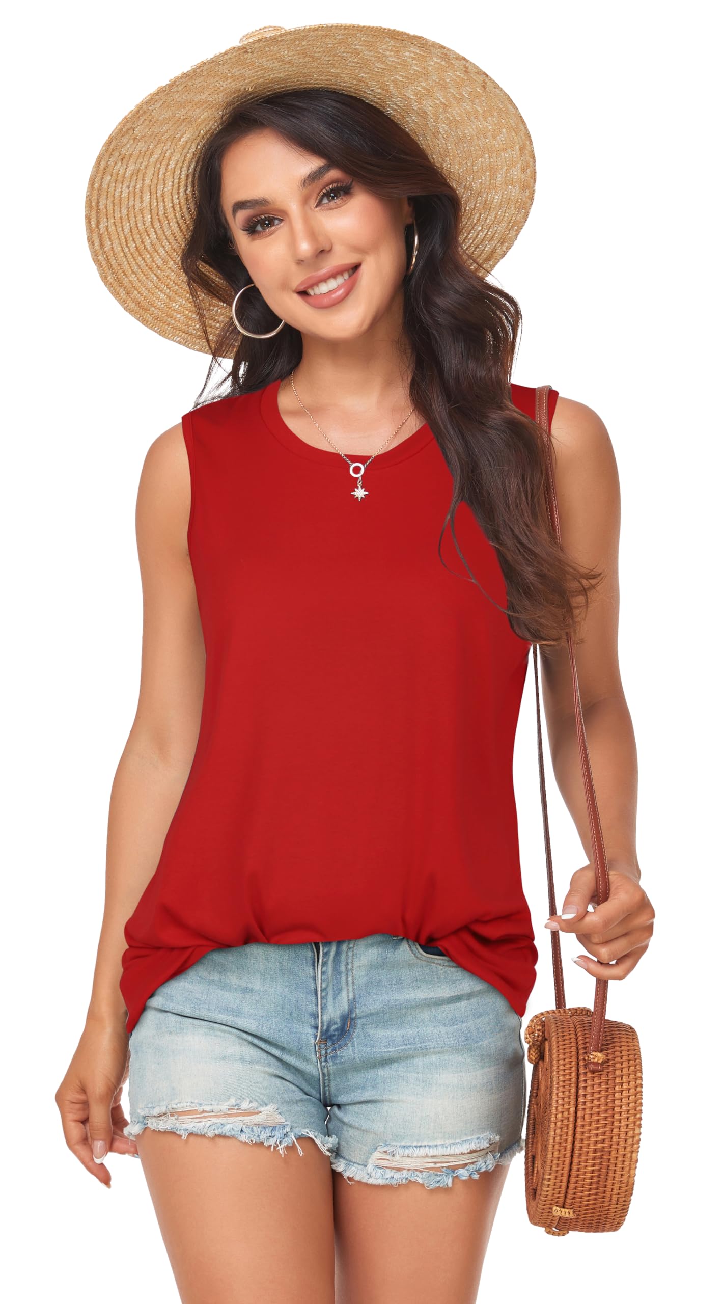 Tank Top for Women Sleeveless Summer Casual Loose Fit Tunic Blouse (Pure Red, S)