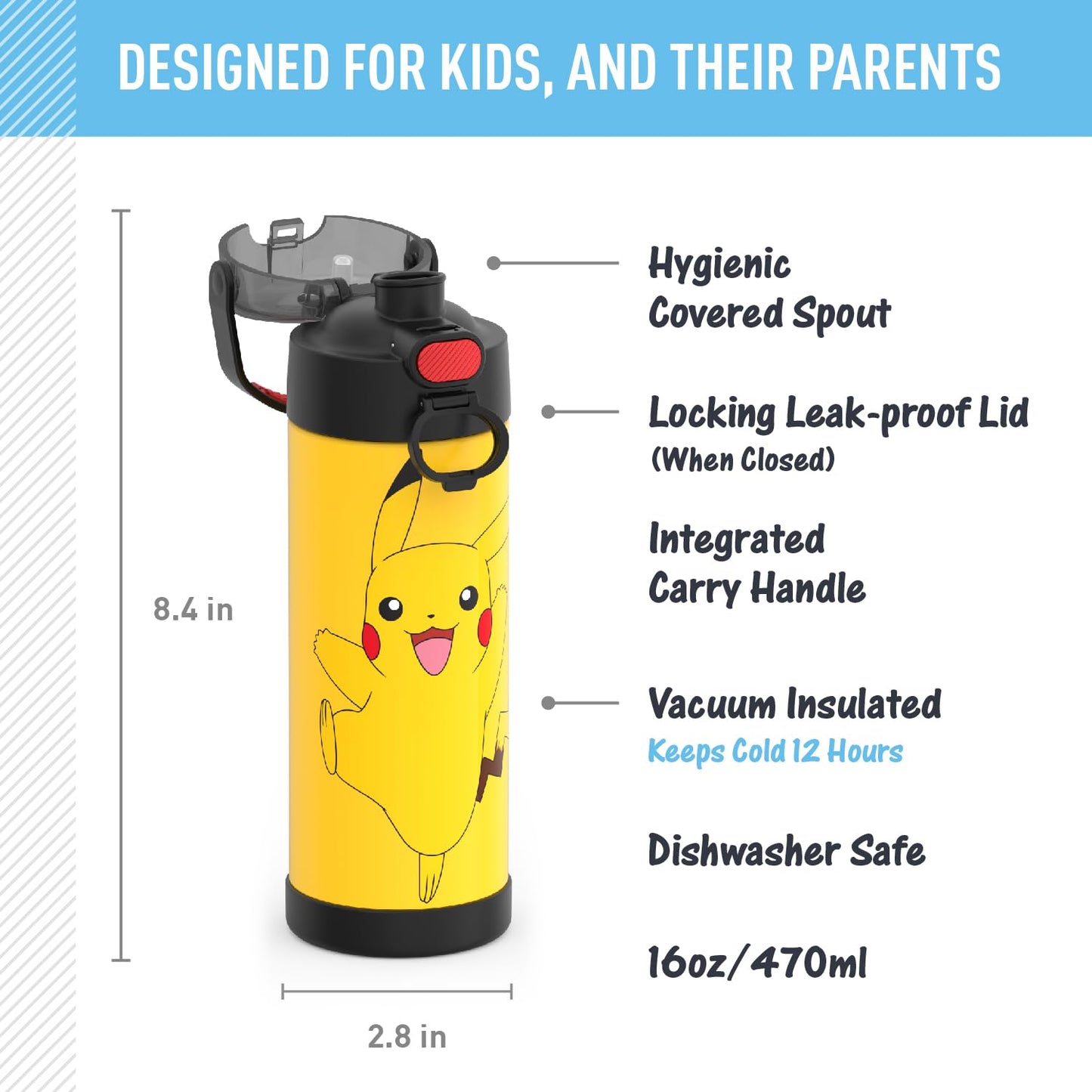 THERMOS FUNTAINER 16 Ounce Stainless Steel Vacuum Insulated Bottle with Wide Spout Lid, Pokemon