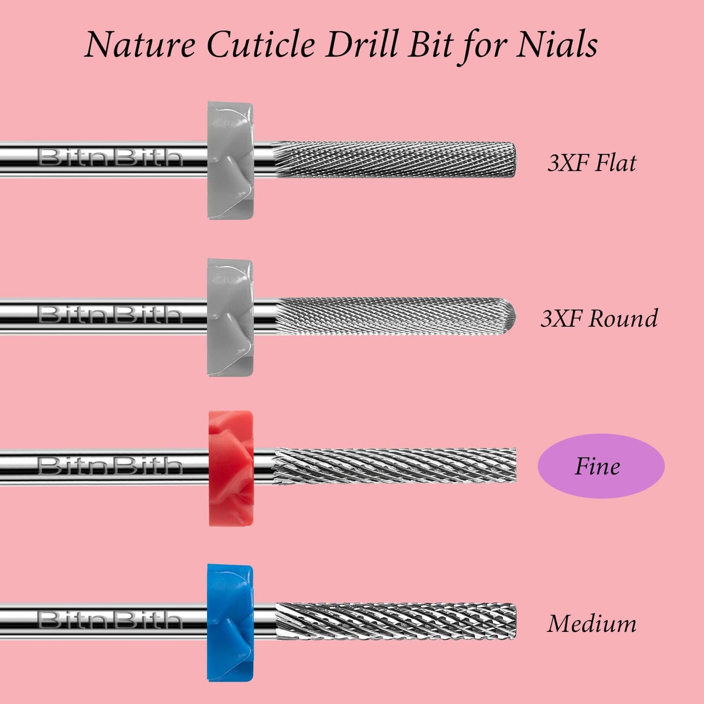 BITNBITH Nail Drill Bits Safety Cuticle Nail Buffer Bit 3/32",Tungsten Carbide Professional Drill Bit for Nail Prepare Nail Bed File Dead Skin Cleaning,Manicure 2-Way Rotate For Nail Home Salon,Fine