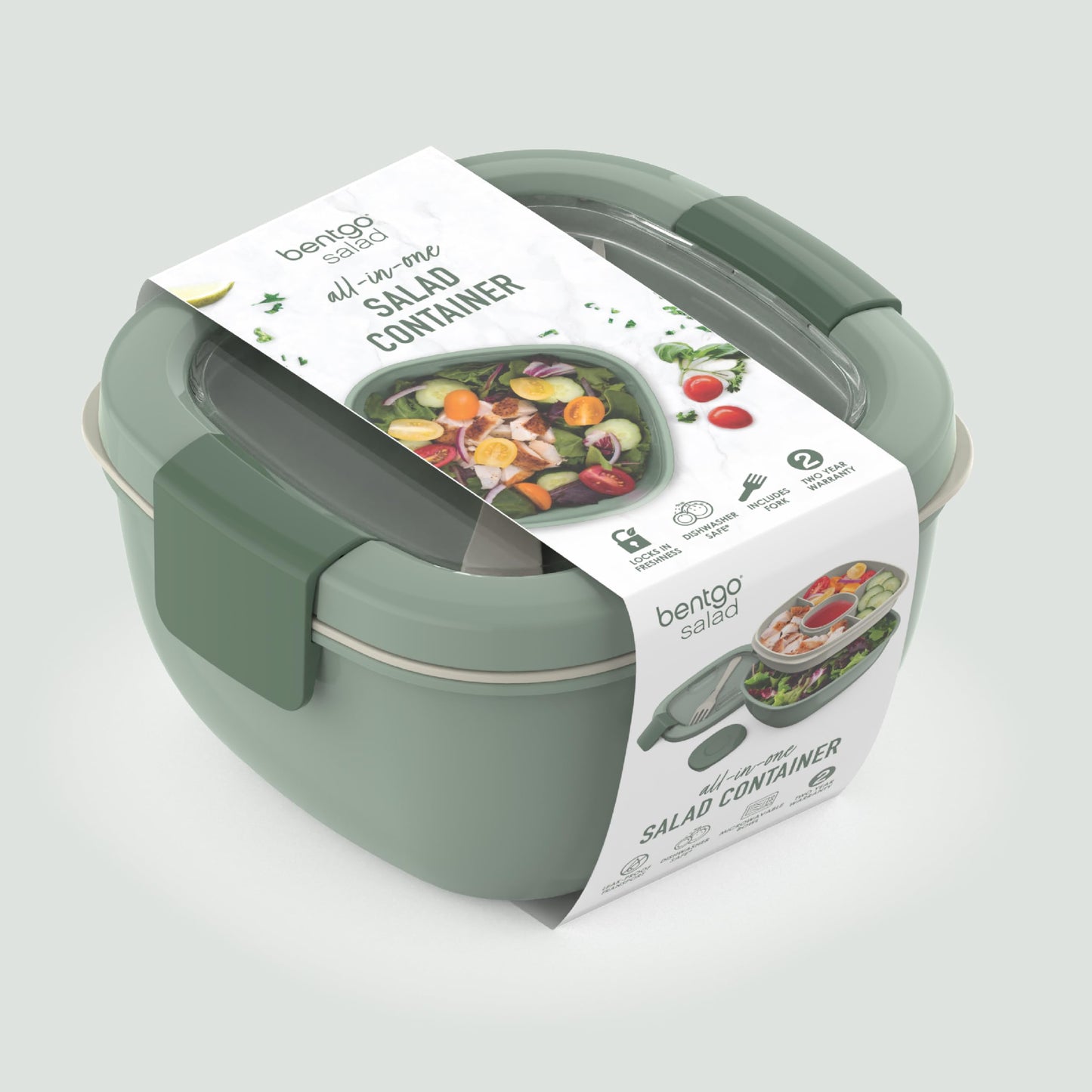 Bentgo All-in-One Salad Container - Large Salad Bowl, Bento Box Tray, Leak-Proof Sauce Container, Airtight Lid, & Fork for Healthy Adult Lunches; BPA-Free & Dishwasher/Microwave Safe (Khaki Green)