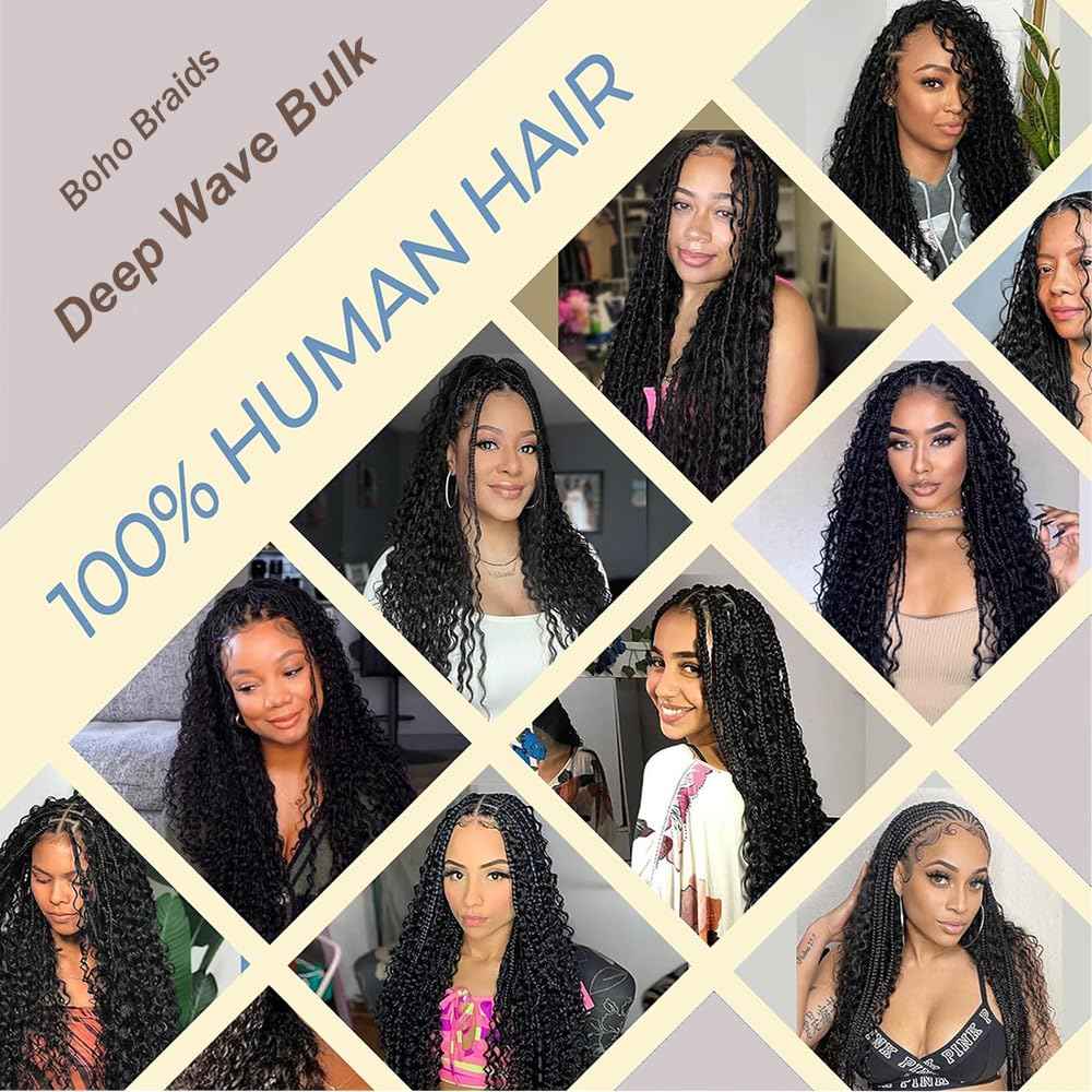 Human Braiding Hair Deep Wave Bulk Human Hair for Braiding 50g 24 inch No Weft Curly Braiding Hair Bulk Human Braiding Hair for Boho Braids Hair Extensions Real Human Hair Natural Color