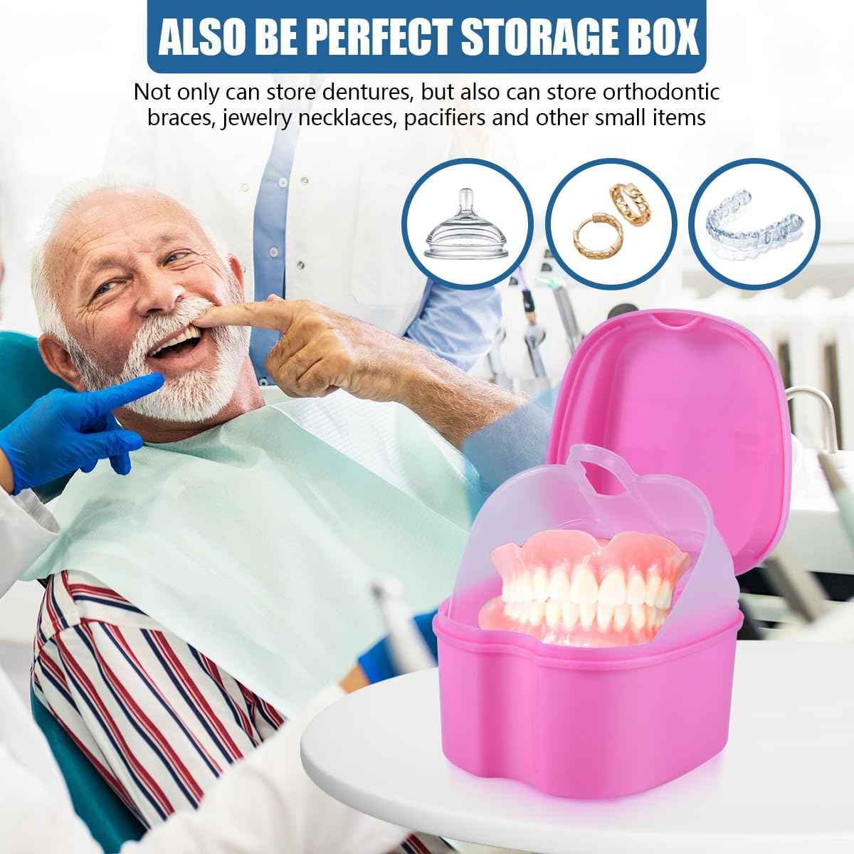 KISEER 2 Pack Denture Bath Case Cup Box Holder Storage Container with Denture Cleaner Brush Strainer Basket for Travel Cleaning (Pink and Purple)