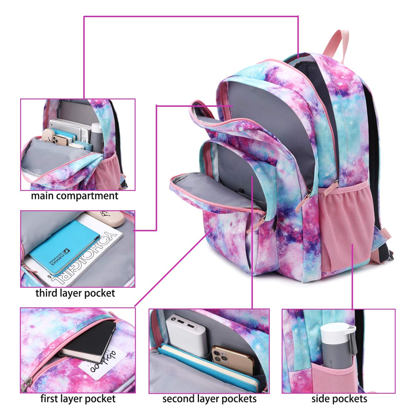 abshoo Classical Basic Womens Galaxy School Backpack For College Teen Girls Water Resistant Bookbag (Galaxy Pink)