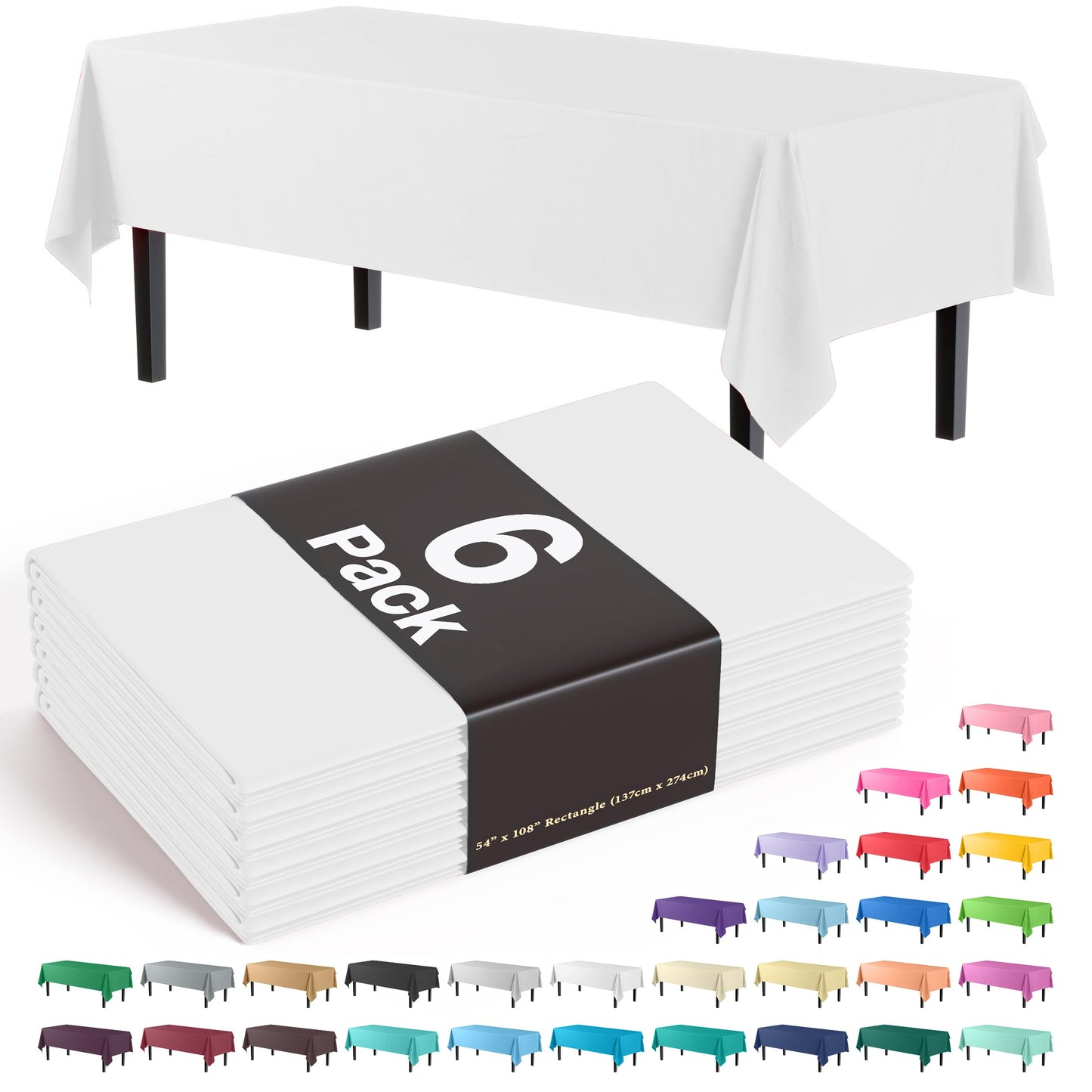 Exquisite 6-Pack Premium Plastic Tablecloth 54in. x 108in. Rectangle Plastic Table Cover - White