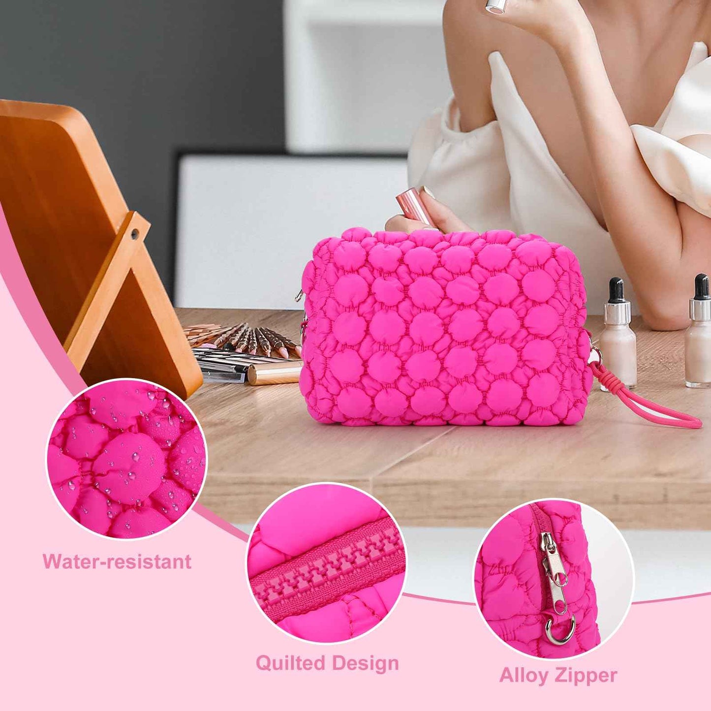 ZORVIC Quilted Ruffle Makeup Bag, Travel Toiletry Organizer for Women with Wrist Strap, Cute Aesthetic Cosmetic Bag for Daily, Work, Ideal Gift (HOT PINK)
