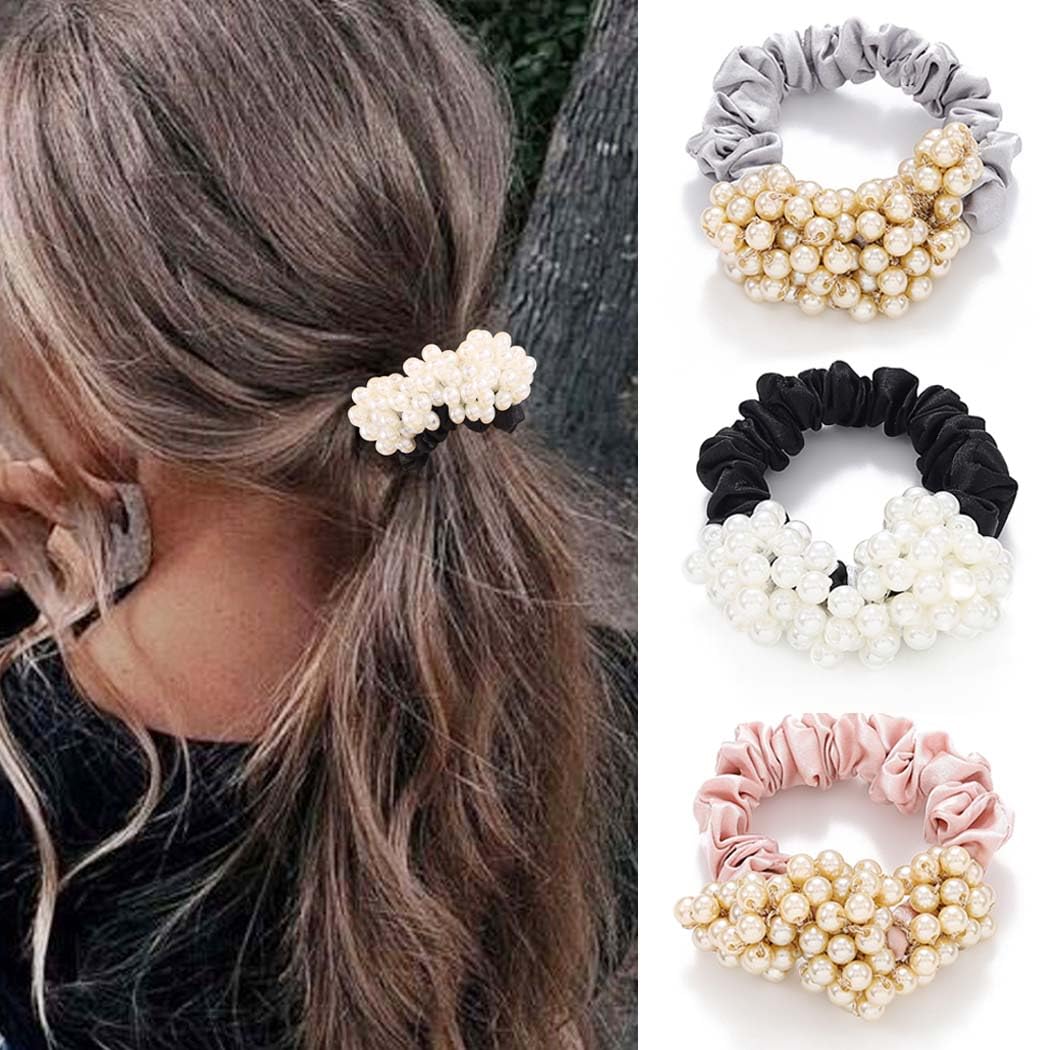 Fashey Pearl Hair Ties Black Beaded Ponytail Holder Satin Hair Scrunchies Elastic Hair Bands Simple Hair Accessories for Women and Girls(Pack of 3) (B)