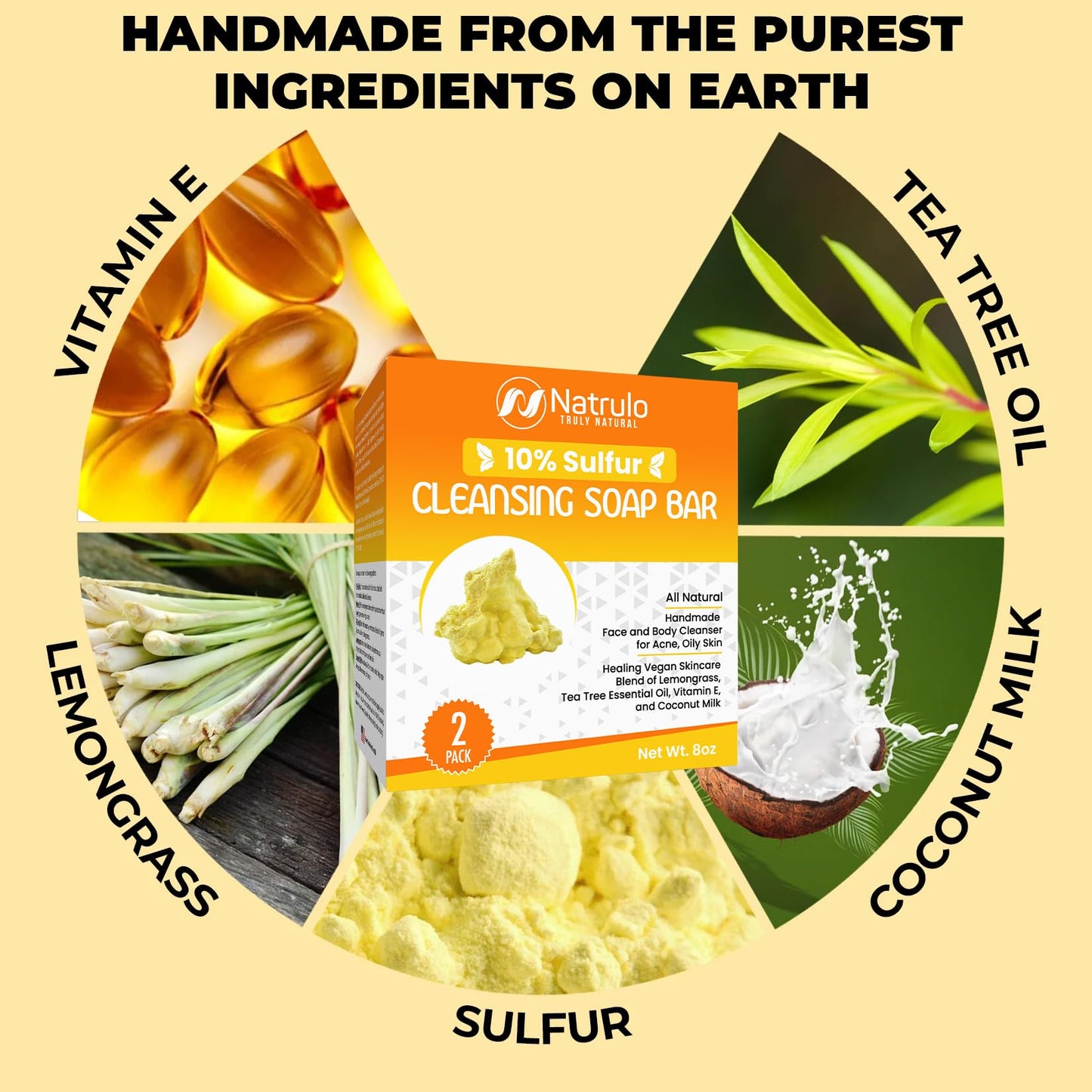 10% Sulfur Soap Cleansing Bar for Face & Body – All Natural Facial Cleanser for Acne, Oily Skin – Healing Skincare Blend of Lemongrass, Tea Tree Essential Oil, Vitamin E, Coconut Milk – Made in USA