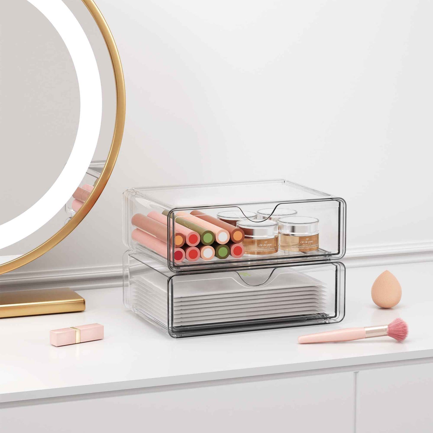 DOADW Bathroom Counter Organizer Clear - 3Pcs Stackable Makeup Countertop Organizer for Vanity - Multi-Purpose Skin Care Lipstick Cosmetic Organizer