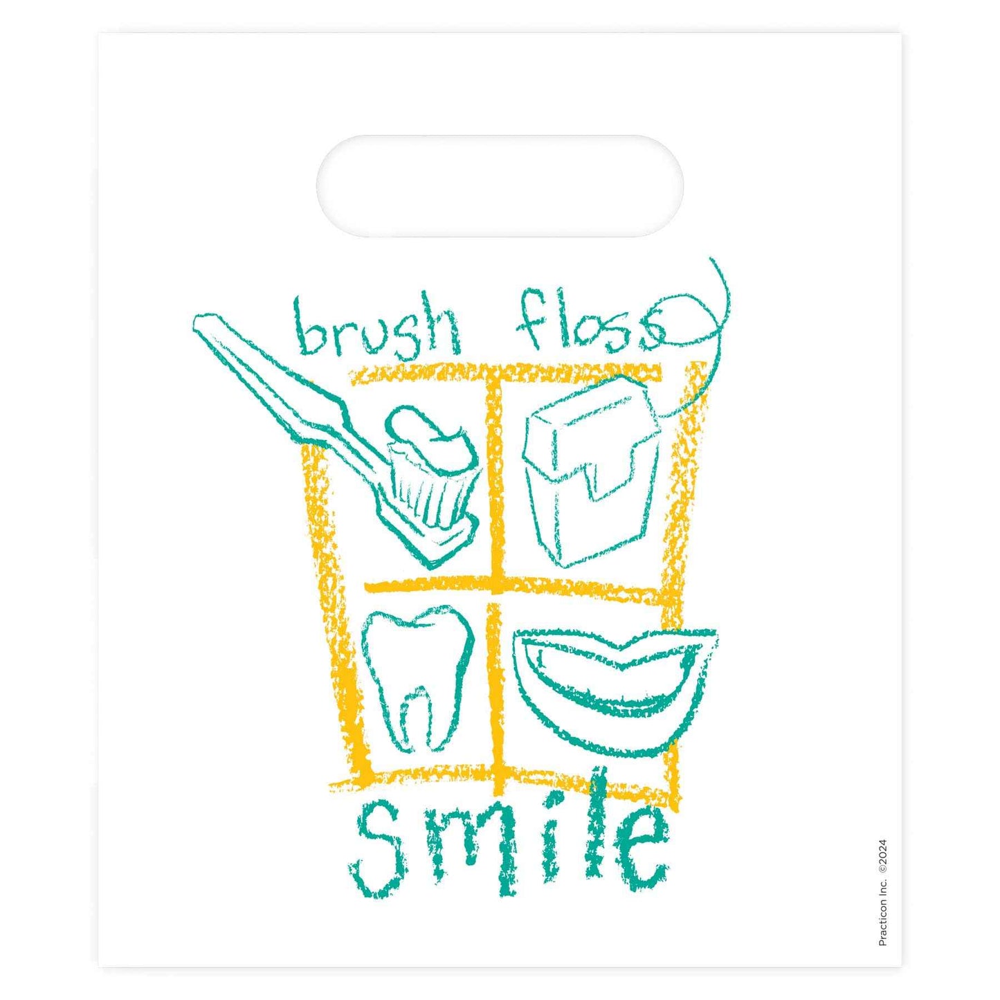 Practicon Brush Floss Smile 7-3/4" x 9" Dental Giveaway Bag, Dental Hygiene Patient Care Goodie Bag, Dentist Office Plastic Gift Bags, 100 Pack