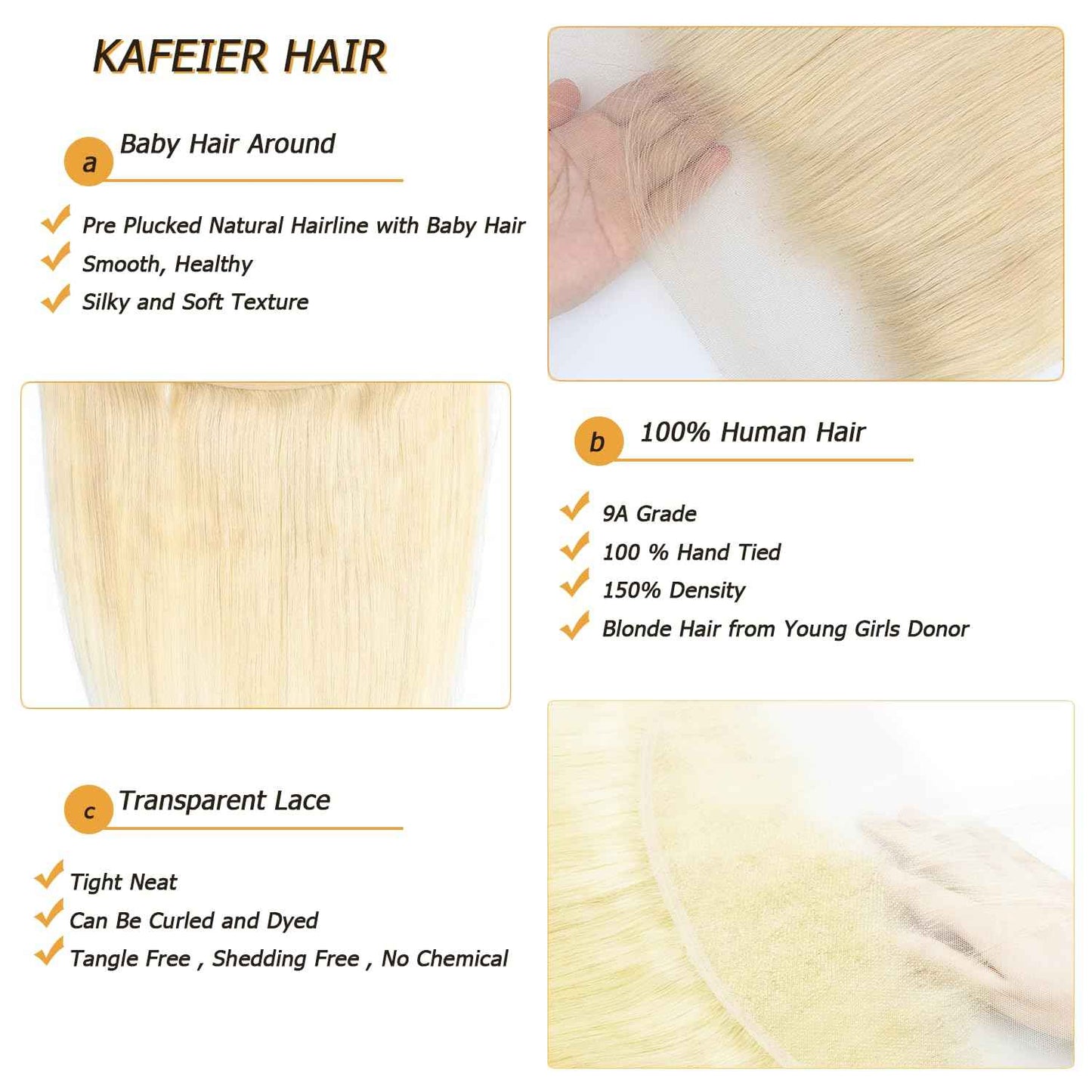 KAFEIER HAIR 613 Lace Frontal Straight Human Hair Ear To Ear Blonde Frontal 13X4 Transparent Hd Lace Free Part With Baby Hair Pre Plucked Brazilian Virgin Remy Human Hair Extension 14 Inch
