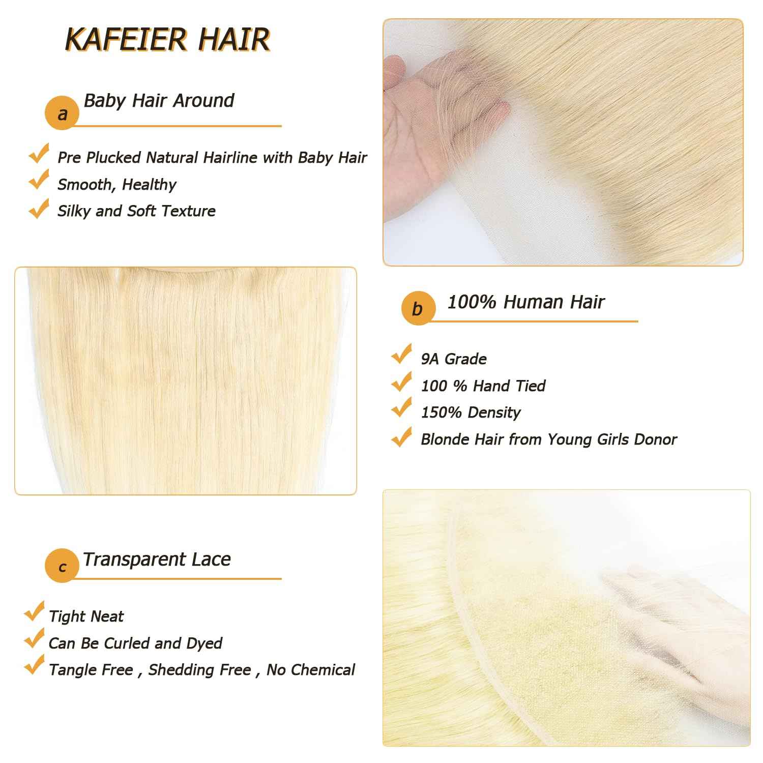 KAFEIER HAIR 613 Lace Frontal Straight Human Hair Ear To Ear Blonde Frontal 13X4 Transparent Hd Lace Free Part With Baby Hair Pre Plucked Brazilian Virgin Remy Human Hair Extension 14 Inch