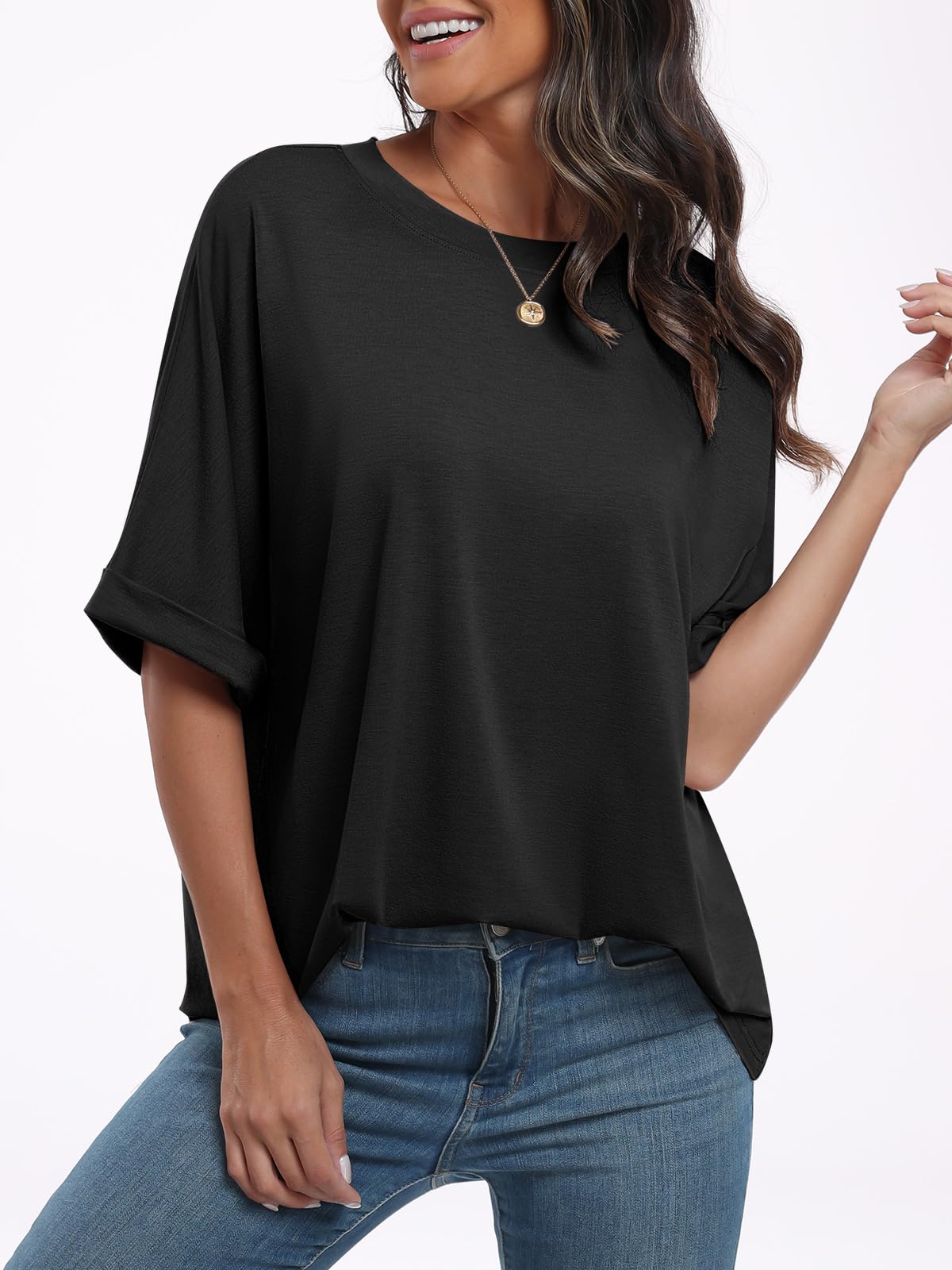 ANRABESS Women's Oversized T Shirts Short Sleeve Crewneck Summer Tops Casual Loose Basic Tee Shirts 2024 Trendy Clothes Black Small