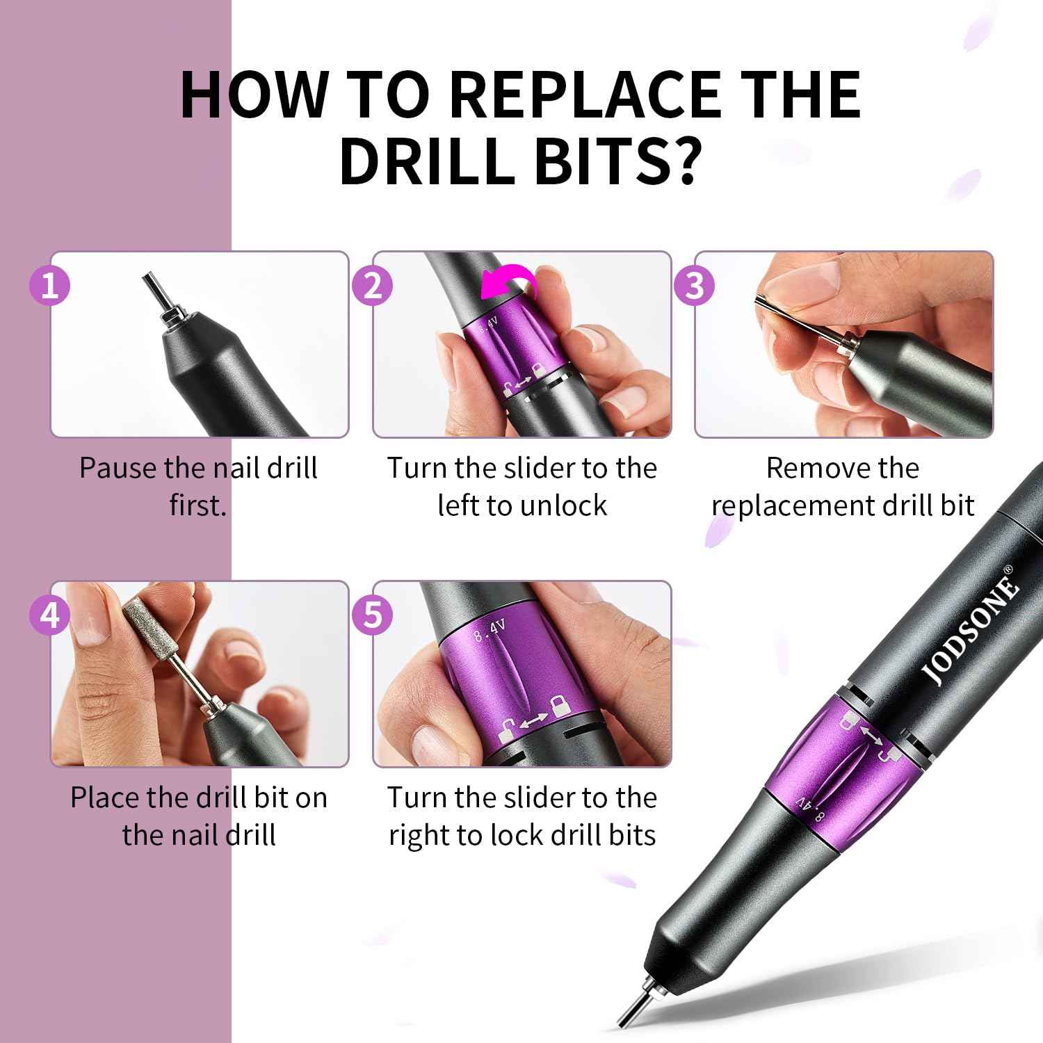 JODSONE Professional Nail Drill 45000 RPM Rechargeable Nail File for Nail Gel Removal Low Noise Portable for Home and Salon