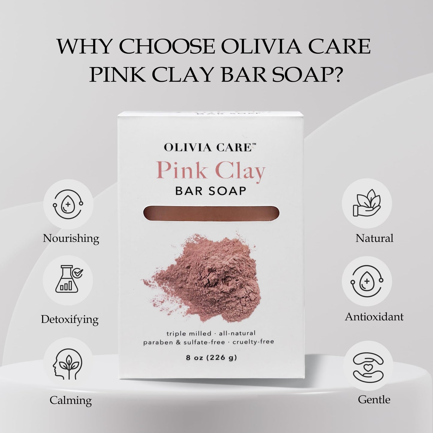 Olivia Care Pink Clay Bar Soap 100% Natural, Vegan & Organic - For Face & Body -Detoxify, Exfoliate, Hydrate, Moisturize & Deep Clean - Leave Skin Soft & Silky - Sustainable Palm Oil - 8 OZ