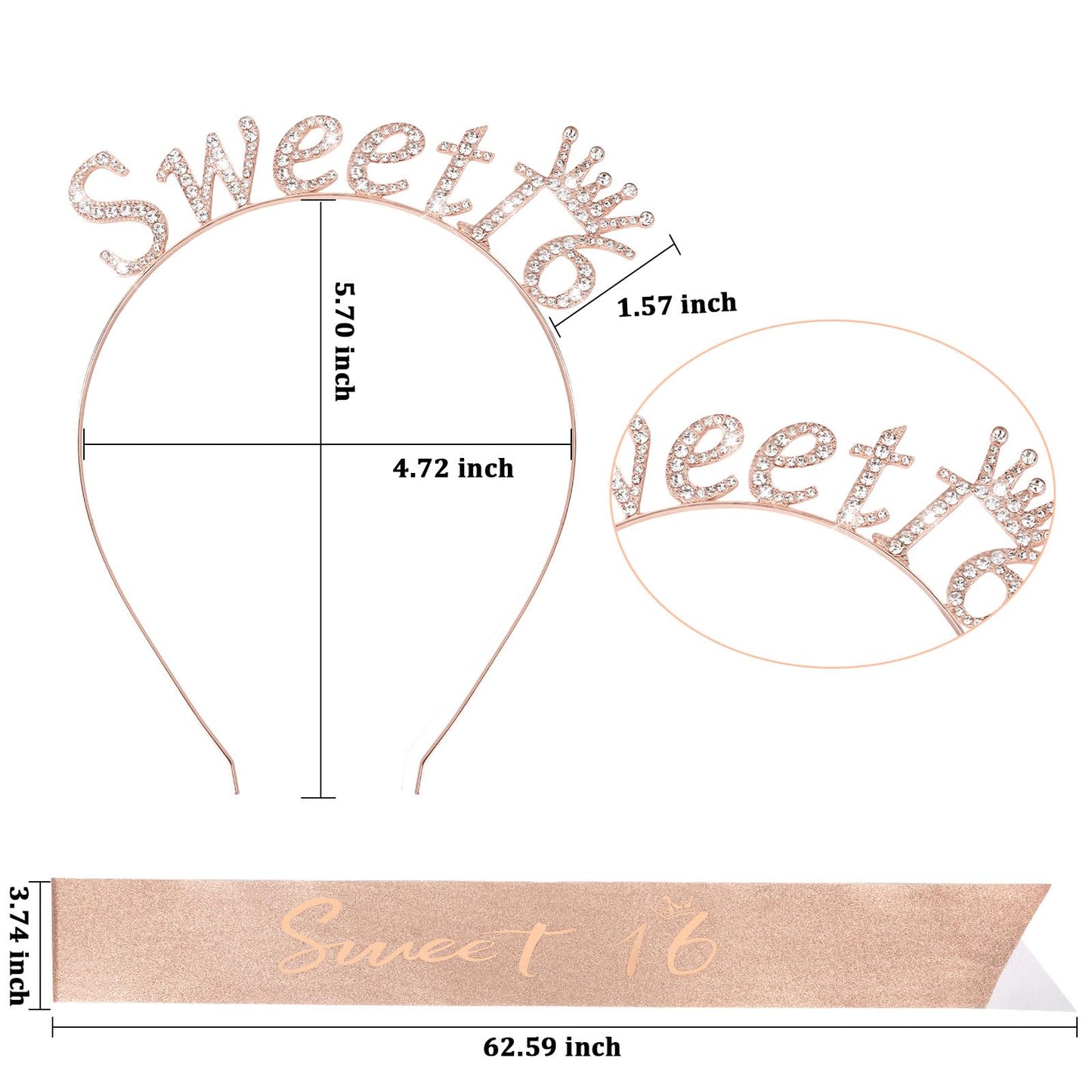 CAVETEE Sweet 16 Party Decorations,Rose Gold Sweet 16 Sash and Crown 16th Birthday Crown for Girls 16th Happy Birthday Party Decorations