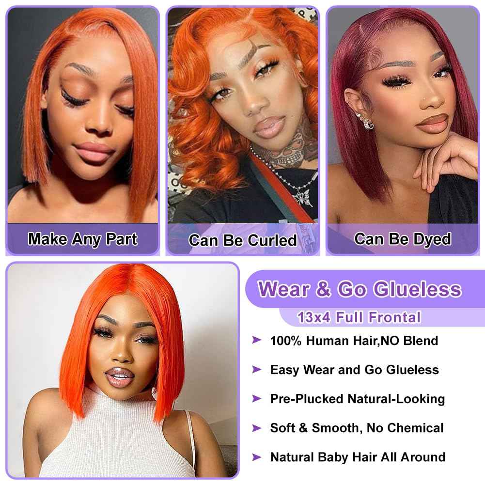 UTIDE #350 Ginger Bob Lace Front Wig Human Hair 13x4 HD Transparent Lace Frontal Wigs Pre Plucked Short Straight Bob Wig for Black Women with Baby Hair 180% Density Brazilian Orange Ginger Wig 8 Inch