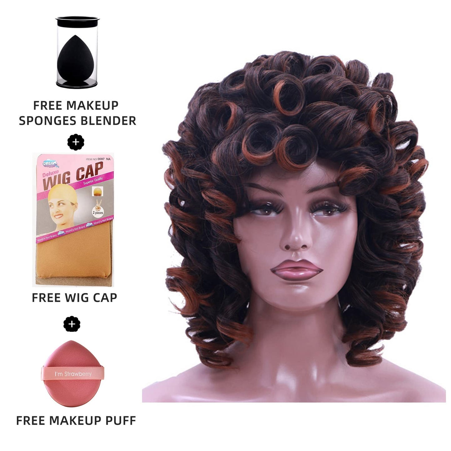 Kavsni Wig 70's Curly Wigs for Black Women Large Bouncy Fluffy and Soft Natural Looking Afro Wig 60s Wigs Gold Hoop Earring+2Wig Cap+Comb+2Beauty Blenders（1B/30）