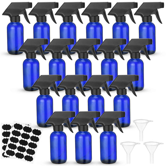 Fumete 20 Pcs 4 oz Glass Spray Bottles Empty Refillable Sprayer Containers with Funnels Labels Black Trigger Sprayers Spray Bottles for Essential Oil DIY Kitchen Hair Plants(Blue)