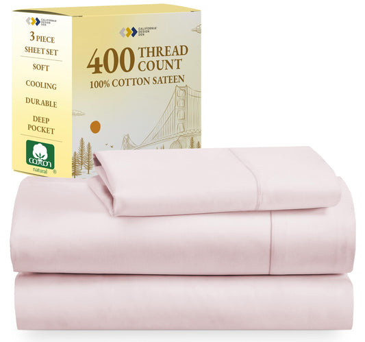 California Design Den Softest 100% Cotton Sheets, Twin Sheets Set, 400 Thread Count Sateen Bedding for Dorm Rooms & Adults, Deep Pocket Sheets, Cooling Sheets, Twin Bed Sheets (Pink)