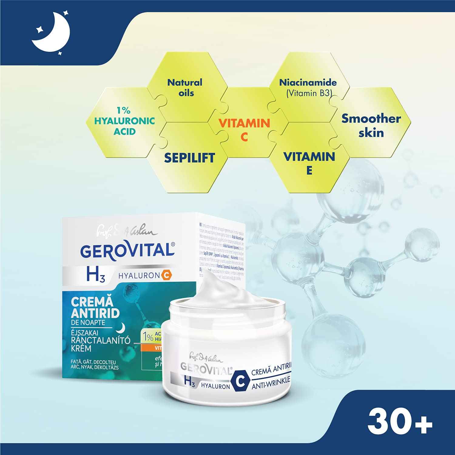 GEROVITAL HYALURON C Anti-Wrinkle Night Face Cream with Hyaluronic Acid, Vitamin C and E, Moisturizing and Regenerating Effect, for Dry, Normal Skin, 50 ml