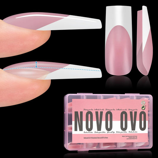 NOVO OVO Instant Apex Pre-designed French Tip Nail Tips Press on, Thick Pre-applied Tip Primer & Base Coat, BERRY PINK Full Cover False Nails Fake Nail Extensions for Acrylic x 15 sizes 150 pcs