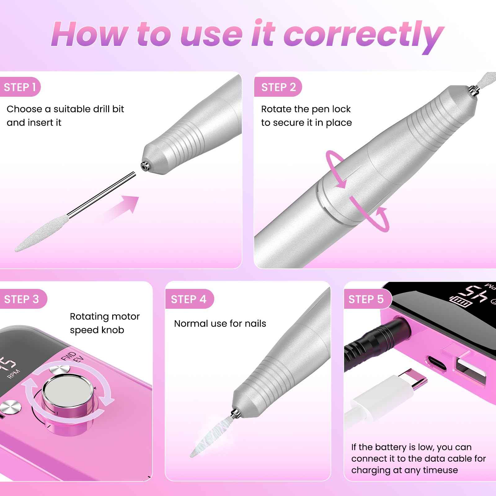 Portable Nail Drill Electric File: Cordless Nail Drills for Acrylic Nails Professional Rechargeable Nail Machine Kit Manicure Pedicure Tools Polishing Set for Shaping, Removing & Polishing Gel Nails