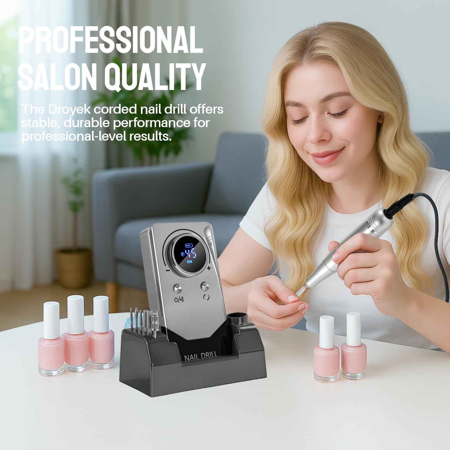 Droyek Electric Nail Drill Portable Nail Drill Professional 45000 RPM 6 Salon Quality Drill bits 6 Sanding Bands Portable & Low Noise for Acrylic Nails Gel Polishing Removing Bits Kit for Home Use