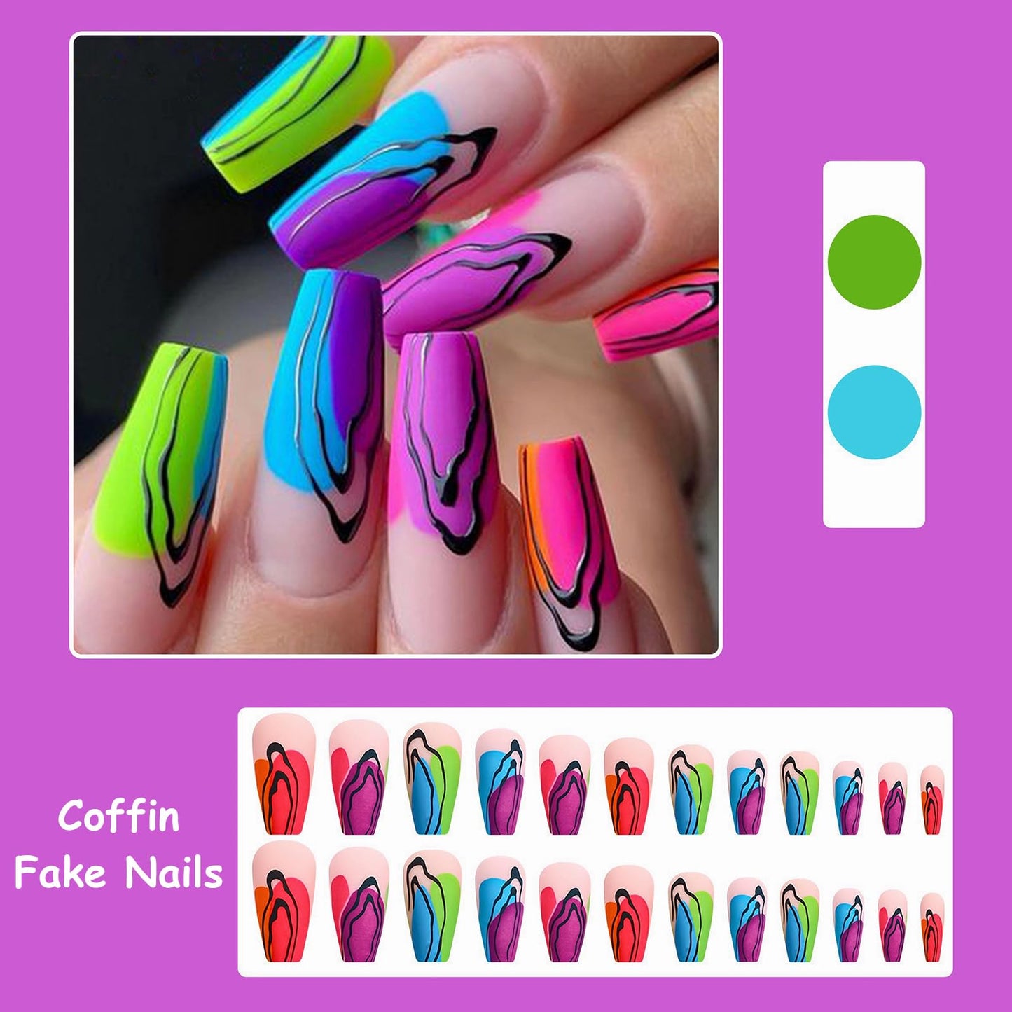 MISUD Press on Nails Long Coffin Fake Nails Matte Glue on Nails Colorful Graffiti French Tip Acrylic Nails Ballerina Artificial Nails Black Swirl Stick on False Nails with Design 24 pcs