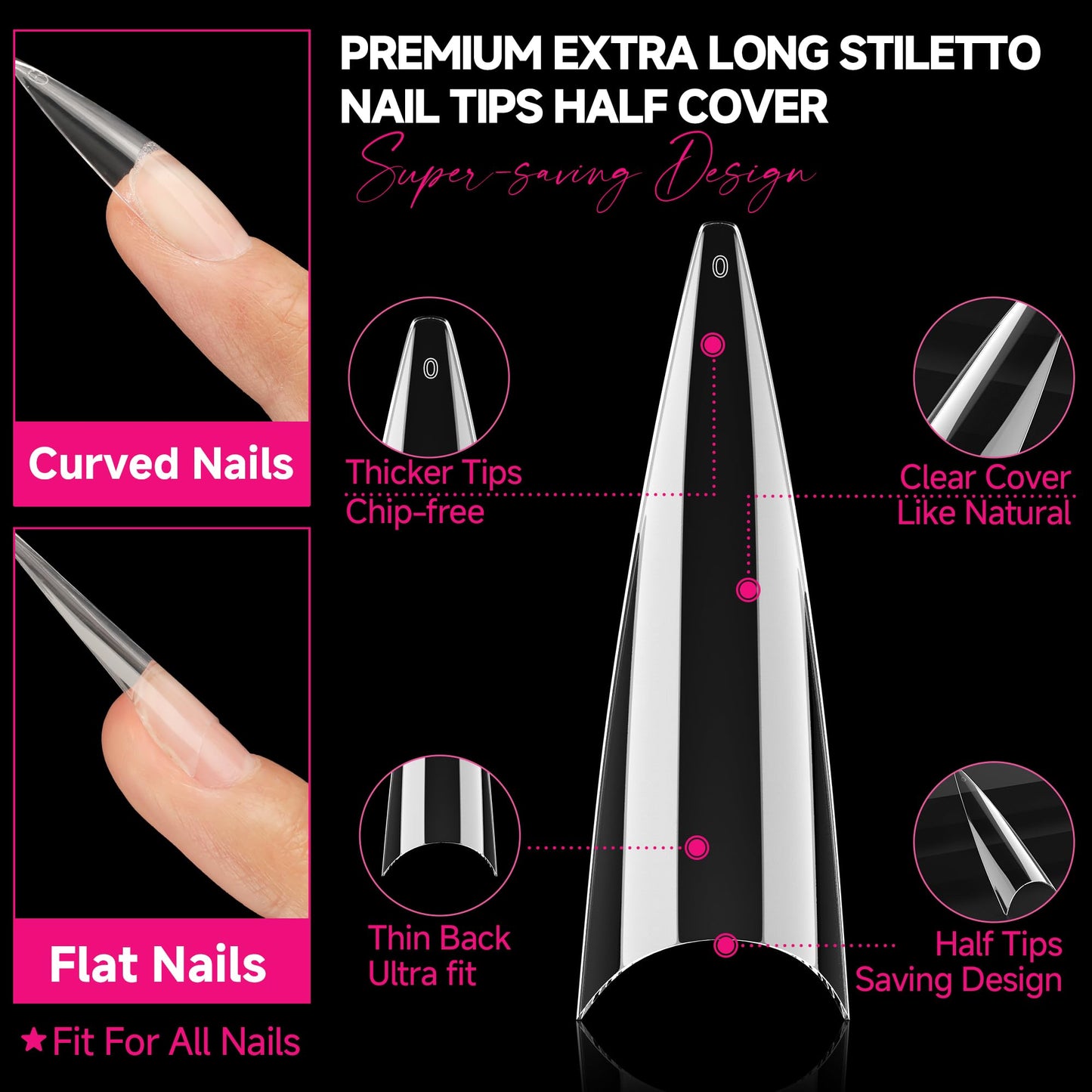 UNA GELLA Long Stiletto Almond Nail Tips for Acrylic Nails 216PCS XXL Long Stiletto False Fake Nails No C Curve Half Nail Tips Traceless Soft Gelly Tips Long Extensions 12 Sizes DIY Nail Art