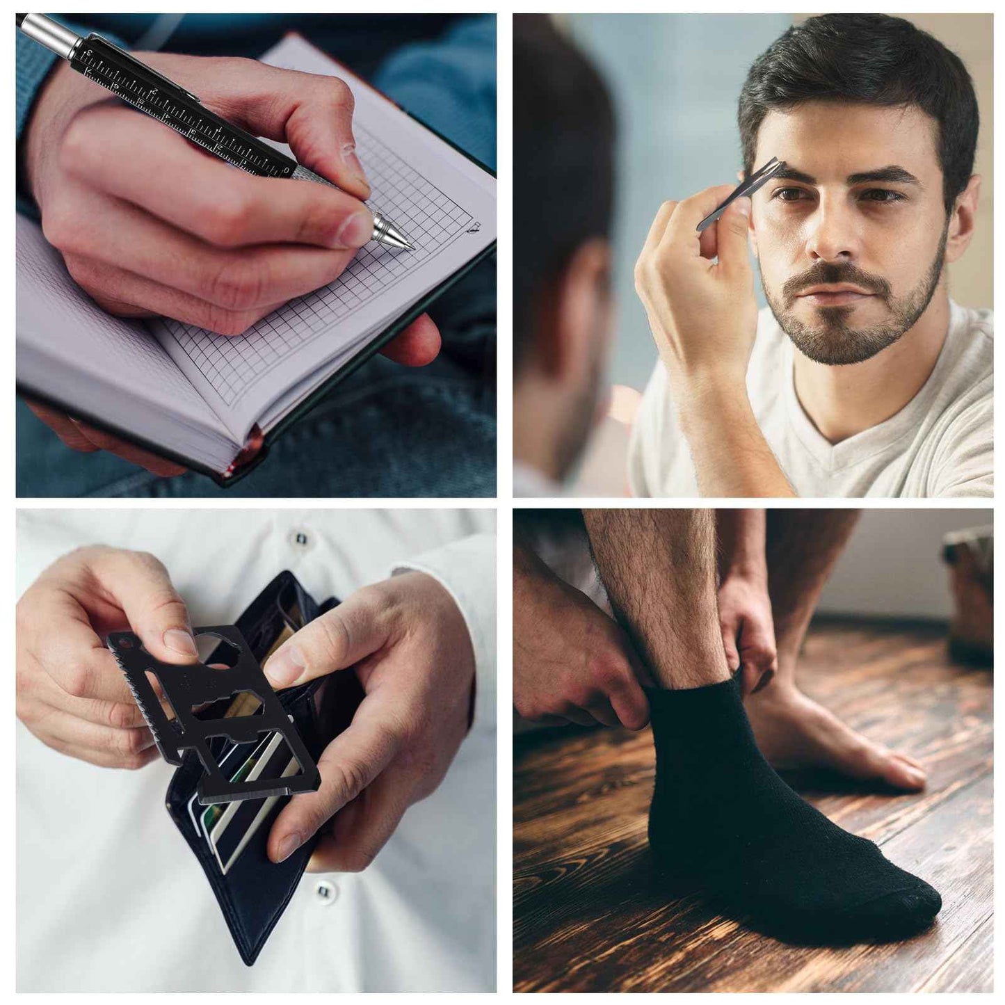 Leriton 6 Sets Christmas Gifts Baby Shower Game Prizes for Men Include Black Kraft Paper Gift Bags Manicure Kit Tools Socks Pens 11-in-1 Survival Card Tool for Men Husband Father(Black)