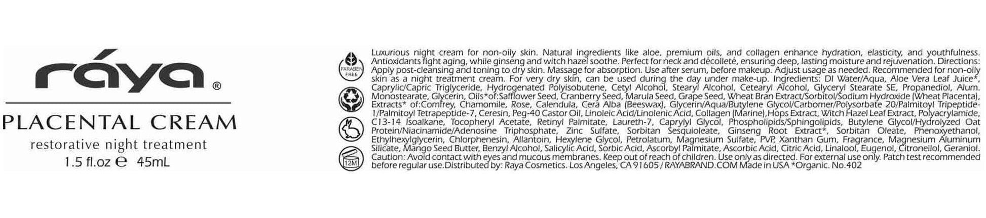 Raya SPA Placental Cream | Restorative Night Cream | Intensive Anti-Aging & Firming Face Moisturizer | Wrinkle Repair Facial Creme for Renewed Tone & Beauty Sleep - Skin Care Essentials