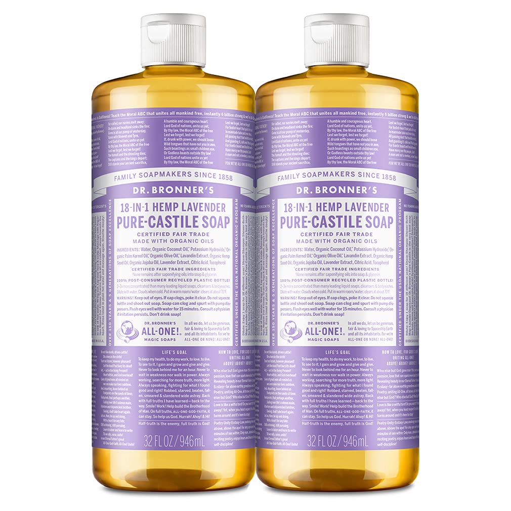 Dr. Bronner's - Pure-Castile Liquid Soap (Lavender, 32 ounce, 2-Pack) - Made with Organic Oils, 18-in-1 Uses: Face, Body, Hair, Laundry, Pets and Dishes, Concentrated, Vegan, Non-GMO