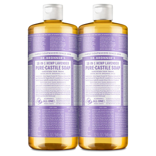 Dr. Bronner's - Pure-Castile Liquid Soap (Lavender, 32 ounce, 2-Pack) - Made with Organic Oils, 18-in-1 Uses: Face, Body, Hair, Laundry, Pets and Dishes, Concentrated, Vegan, Non-GMO