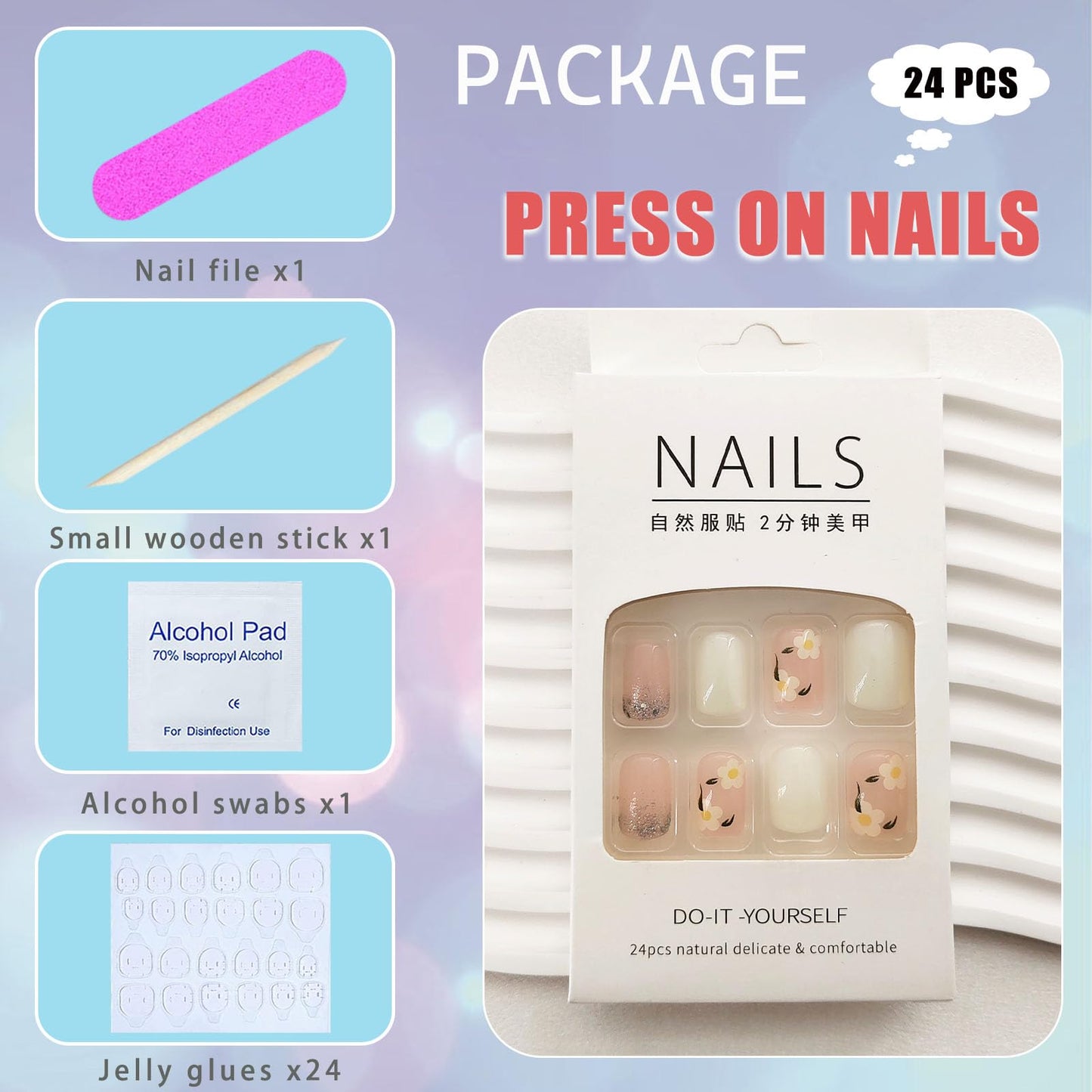 Flower Press on Nails Short Fake Nails with Floral Glitter Designs Square Glue on Nails Summer False Nails Press ons Pink White Full Cover Stick on Nails for Women 24 Pcs