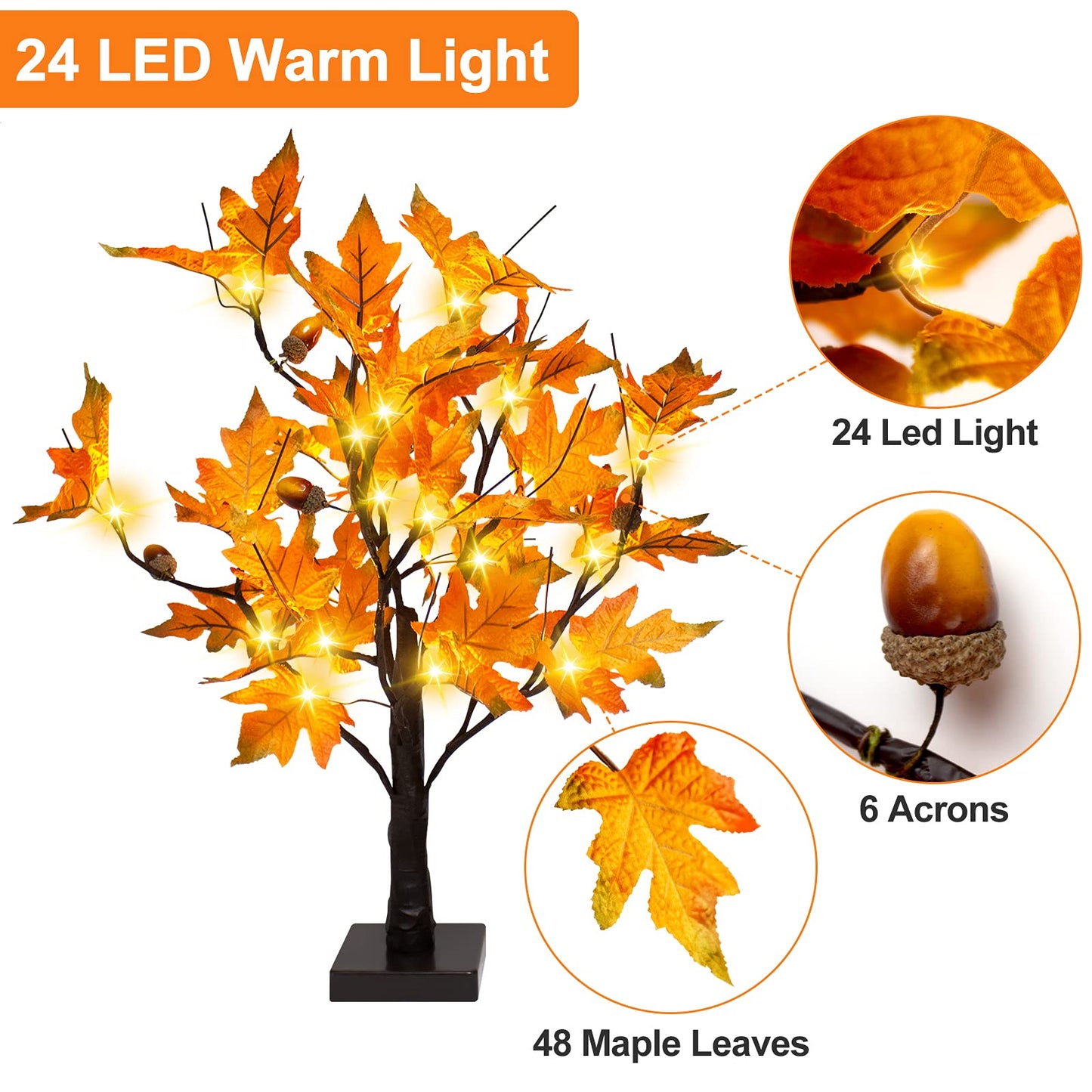 [2 Pack] 24-inch Fall Lighted Maple Tree with Acorns, 48 LED Lights, Battery Operated Thanksgiving Table Centerpieces Decoration Artificial Tree for Home Fireplace Autumn Harvest Tabletop Indoor Decor