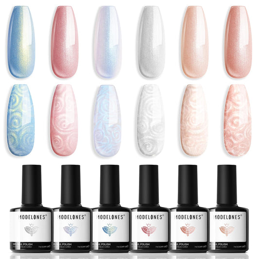 modelones Pearl Gel Nail Polish, 6 Colors Shimmer Glitter Iridescent White Nude Blue Pink Mermaid Nail Drawing Soak Off Gel Polish Swirl Shell Thread Effect Gift DIY at Home with Dotting Pen