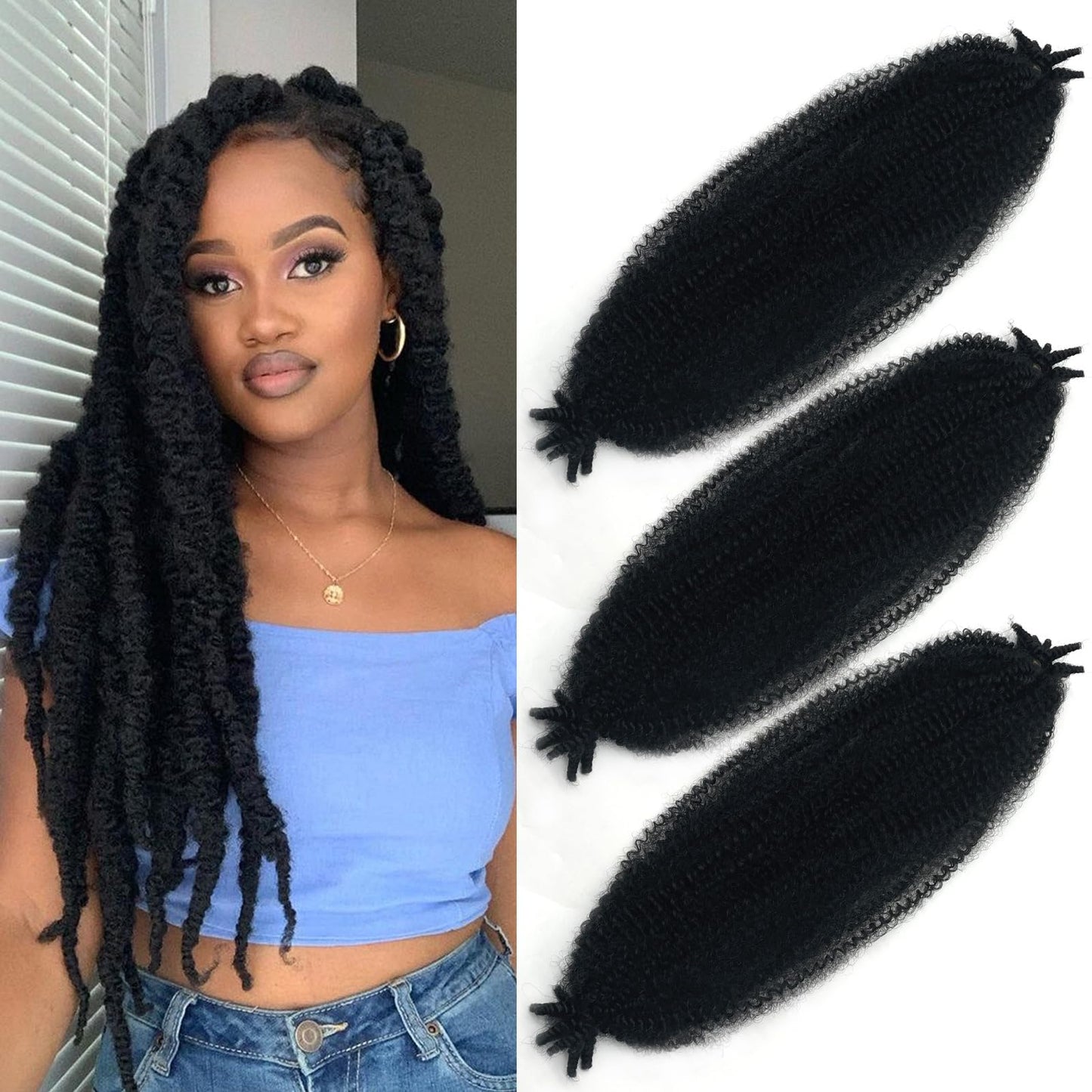 Marley Twist Braiding Hair Cuban Twist Marley Hair 24 Inch 3 Pack Springy Afro Kinky Twist Braiding Hair for Soft Faux Locs Pre Fluffed Stretched Spring Twist Hair Black Jamaican Twist Braid Hair