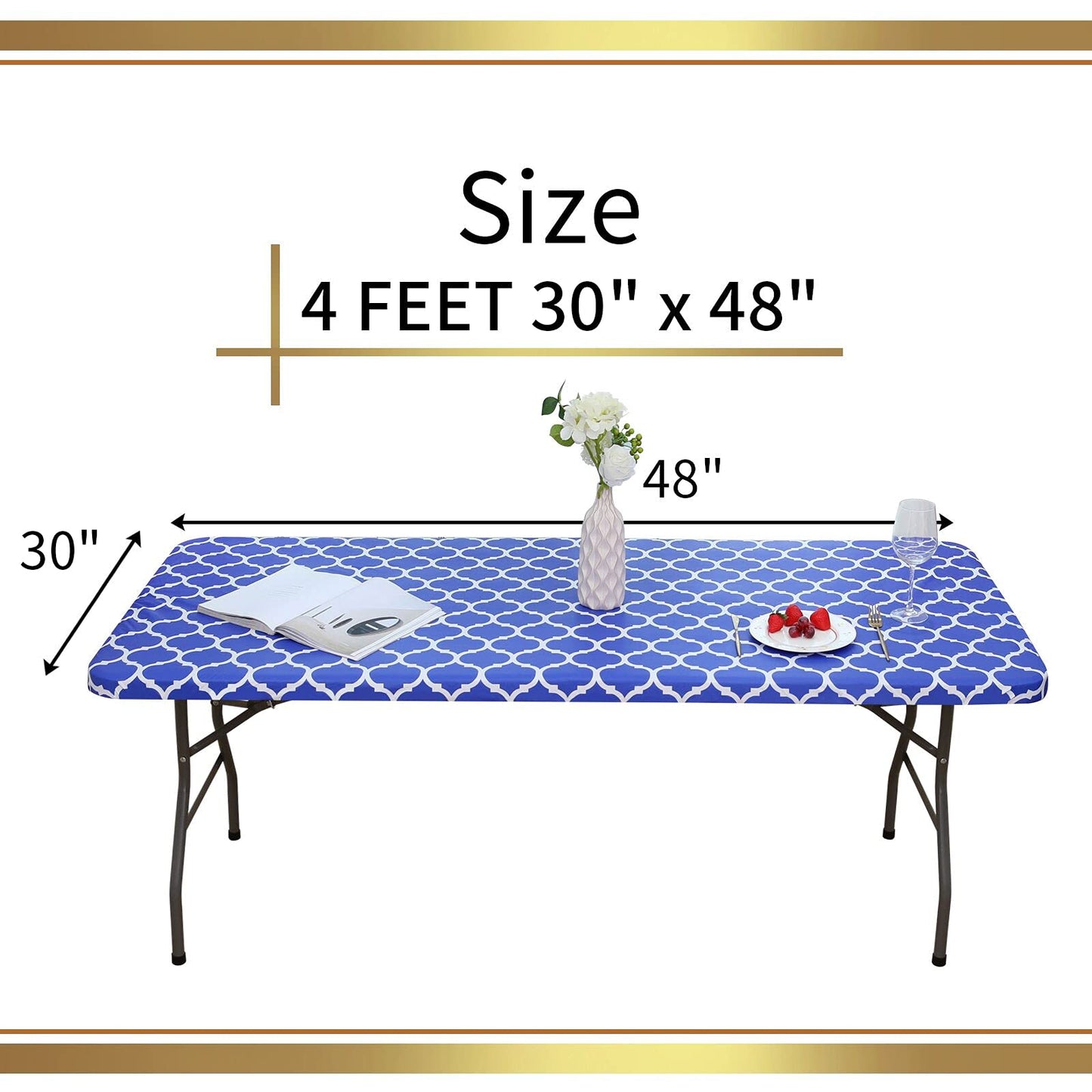 smiry Rectangle Picnic Tablecloth, Waterproof Elastic Fitted Table Covers for 4 Foot Tables, Wipeable Flannel Backed Vinyl Tablecloths for Camping, Indoor, Outdoor (Blue Morocco, 30x48 Inches)