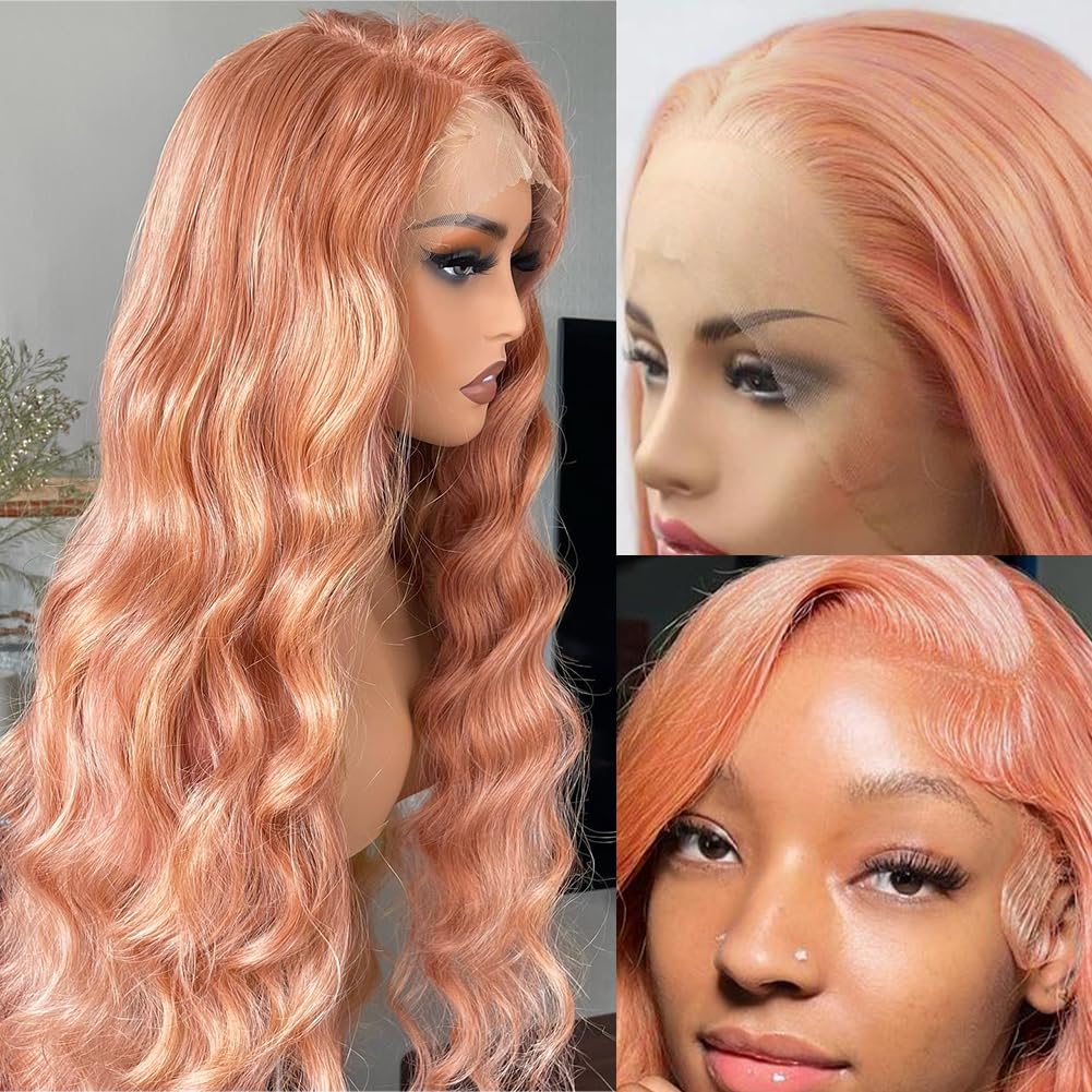 SFD Pink Blonde Lace Front Wig Human Hair 13x4 HD Lace Rose Gold Human Hair Wigs Pre Plucked Peachy Blonde Colored Wig Human Hair For Women 150% Density Body Wave Lace Front Wig 24 Inch