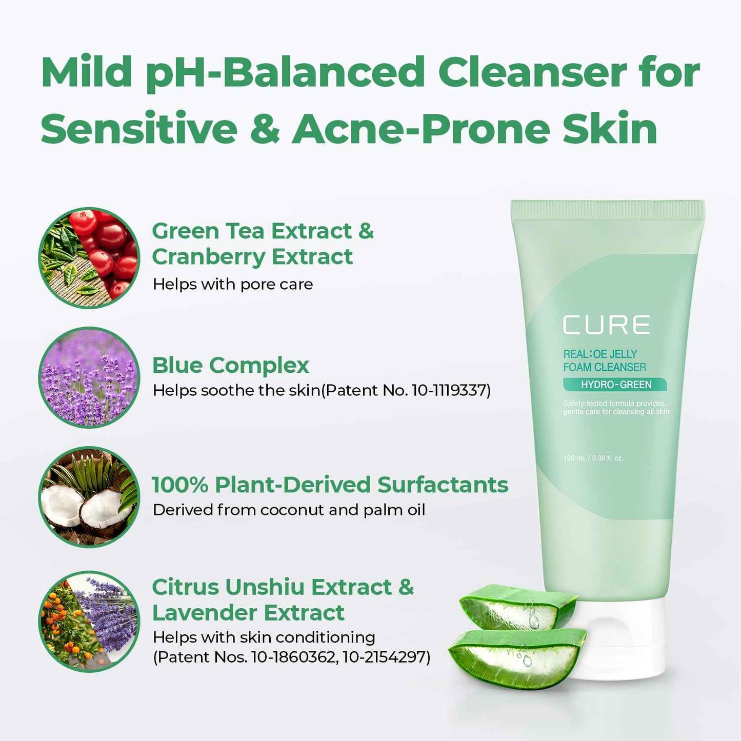 CURE Aloe Vera Foam Cleanser – Hydrating Gentle Korean Face Wash with Aloe & Centella for Sensitive Skin, Pore Care & Deep Cleansing, 3.38 fl oz