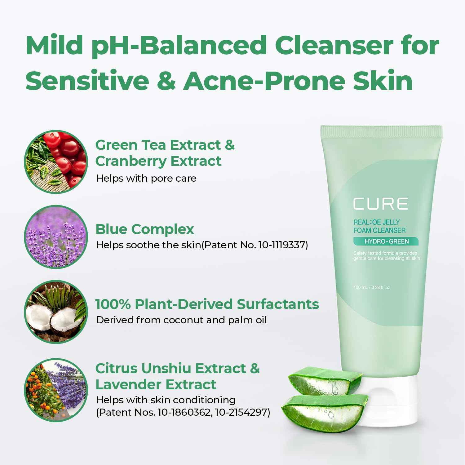 CURE Aloe Vera Foam Cleanser – Hydrating Gentle Korean Face Wash with Aloe & Centella for Sensitive Skin, Pore Care & Deep Cleansing, 3.38 fl oz