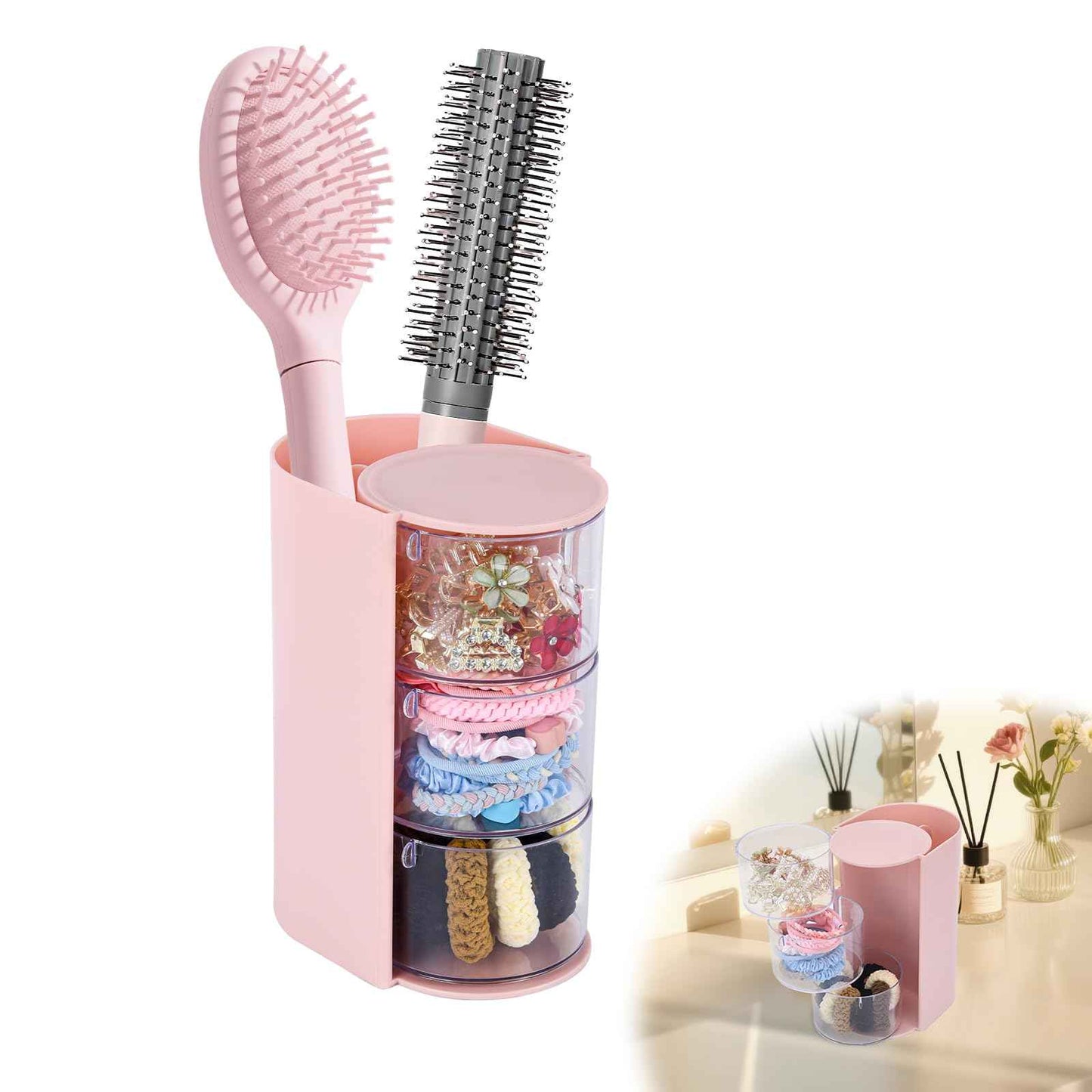 Pink Hair Accessory Organizer, 3-Layer Clear Hair Accessories Organizer Rotatable Small Jewelry Box for Clip Earring Necklaces, The Latest Gift for A Girl.