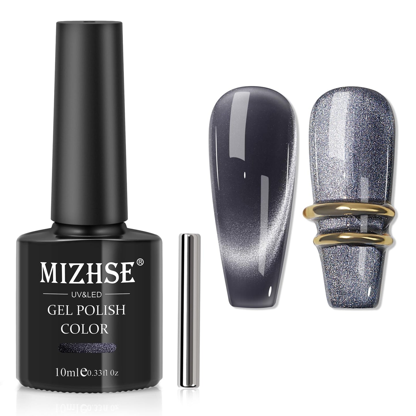 MIZHSE Cat Eye Gel Nail Polish: Gray Magnetic Gel Polish with Magnet Stick, Maillard Style Magic Effect Galaxy Shimmer Glitter Holographic Nail Gel Soak Off Nail Art Salon Manicure Home