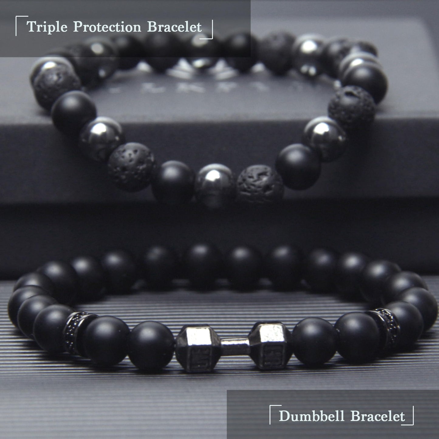 Black Obsidian Bracelet - Dumbbell Bracelet - Tourmaline Beaded Bracelets, 8MM Black Onyx Hematite Lava Stone Beads Triple Protection Bracelet for Men Women Gifts