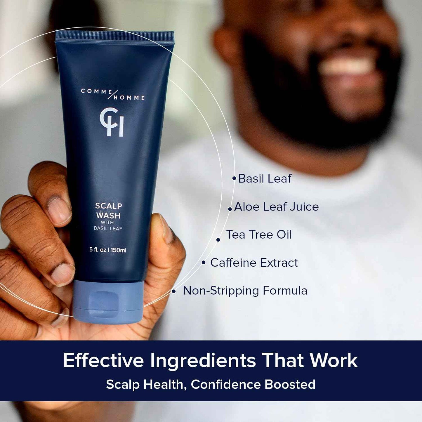 Comme Homme Hydrating Scalp Wash for Bald Men | Daily Face & Scalp Cleanser with Aloe, Basil, Tea Tree & Caffeine | Gently Cleanses, Soothes & Energizes | Pack of 2 (5 fl oz Each)