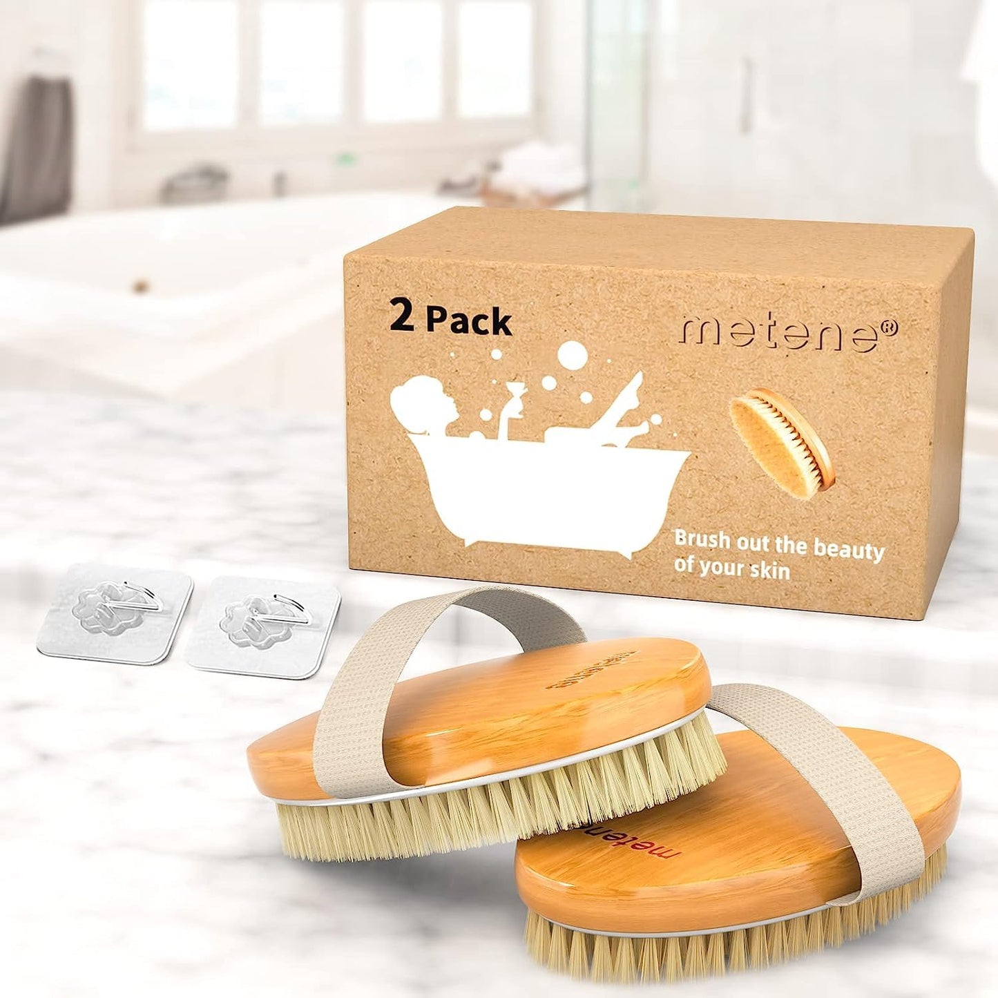 Metene 2 Pack Dry Body Brushes, Exfoliating Body Scrubbers, Natural Bristles for Dry Skin, Improve Circulation, Stop Ingrown Hairs, Reduce Acne and Cellulite (G7130)