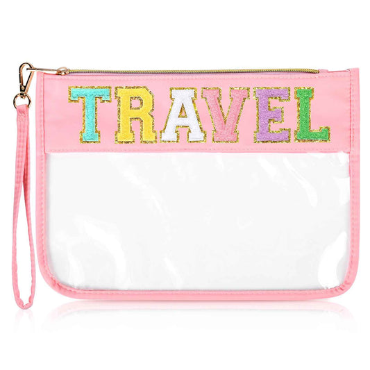 SOIDRAM Travel Makeup Bag Chenille Letter Patch Large Waterproof PVC Toiletry Bag Preppy Nylon Cosmetic Organizer for Women and Girls
