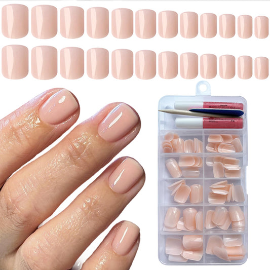 AddFavor Press on Nails Short Square Fake Nails, 120pcs Nude Short Press ons Square Nails Full Cover Glossy Colored Acrylic Glue on Nails with Adhesive Tabs for Women Girls